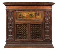 A Continental Marquetry and Painted Cupboard Height 52 3/4 x width 60 1/2 x depth 18 inches. — 18TH/19TH CENTURY