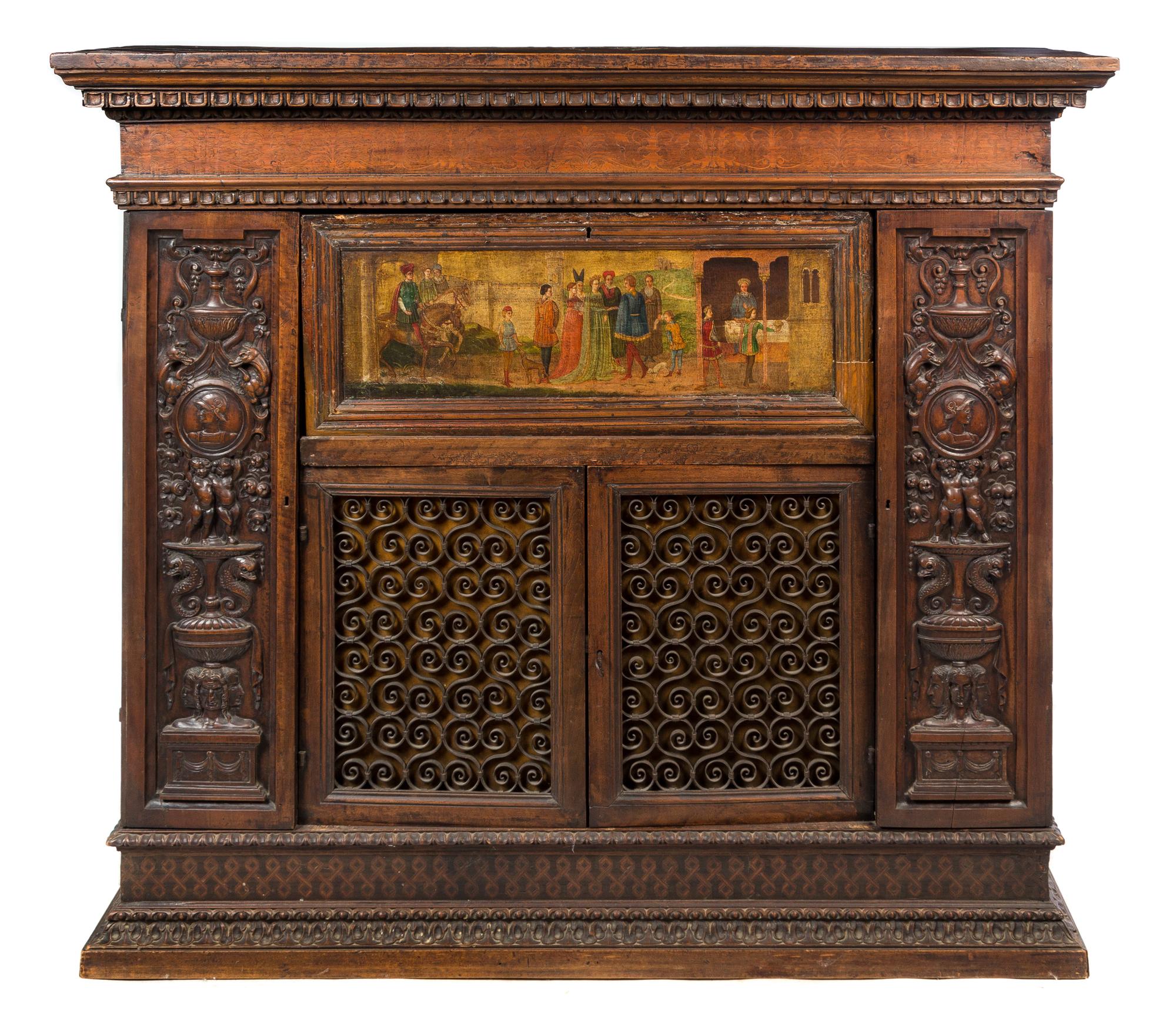 A Continental Marquetry and Painted Cupboard Height 52 3/4 x width 60 1/2 x depth 18 inches. — 18TH/19TH CENTURY