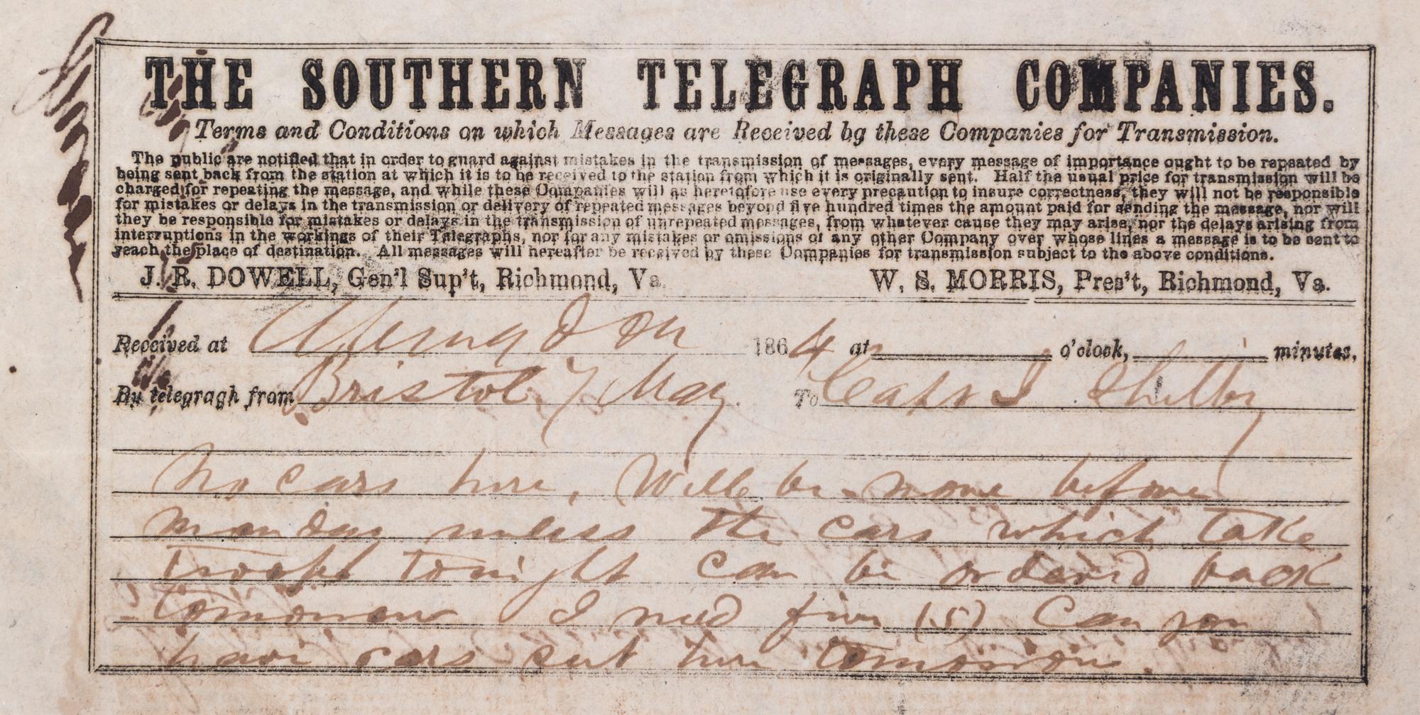 (CIVIL WAR) 12 telegrams from various generals, captains, and majors from March 1862 to Dec. 1864.