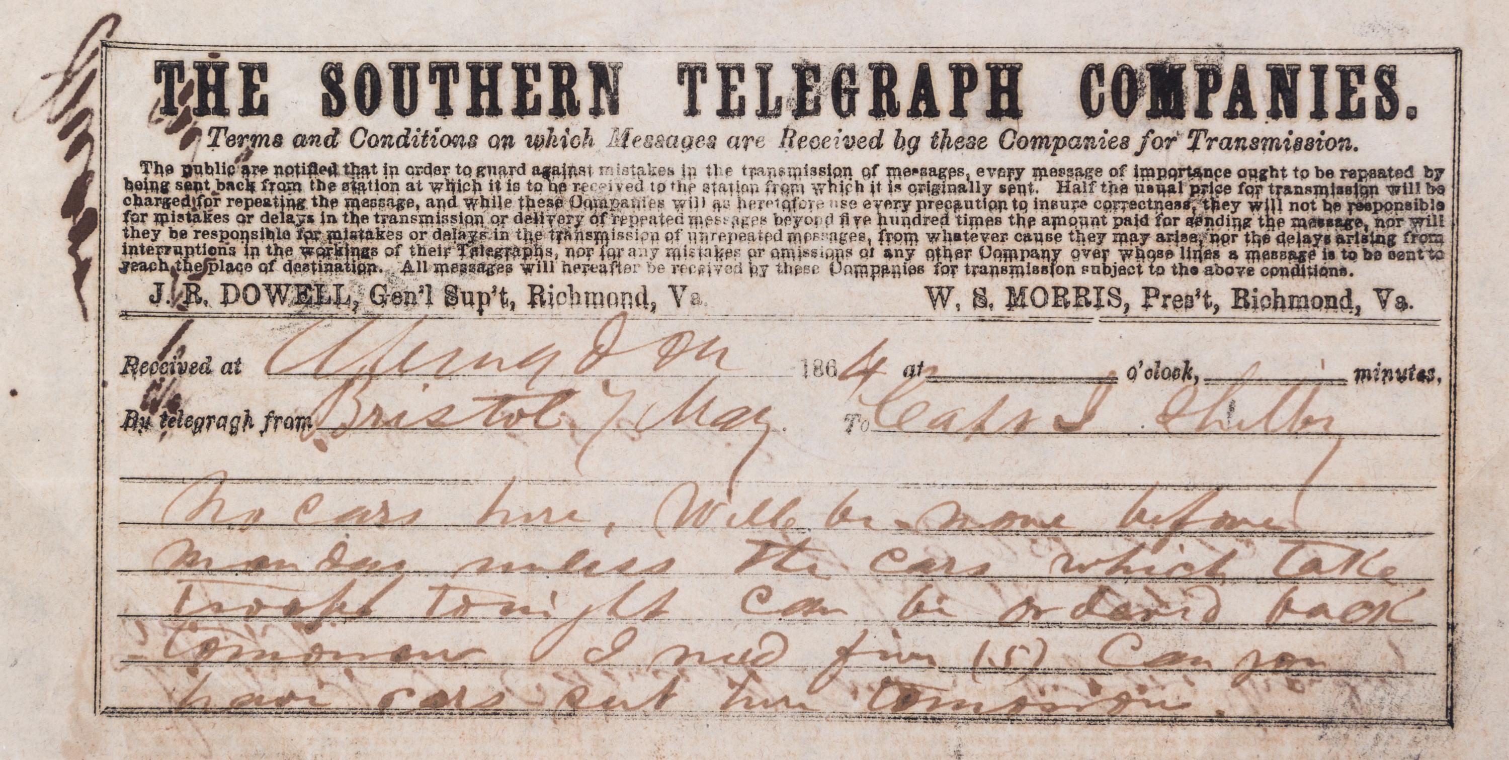 (CIVIL WAR) 12 telegrams from various generals, captains, and majors from March 1862 to Dec. 1864.
