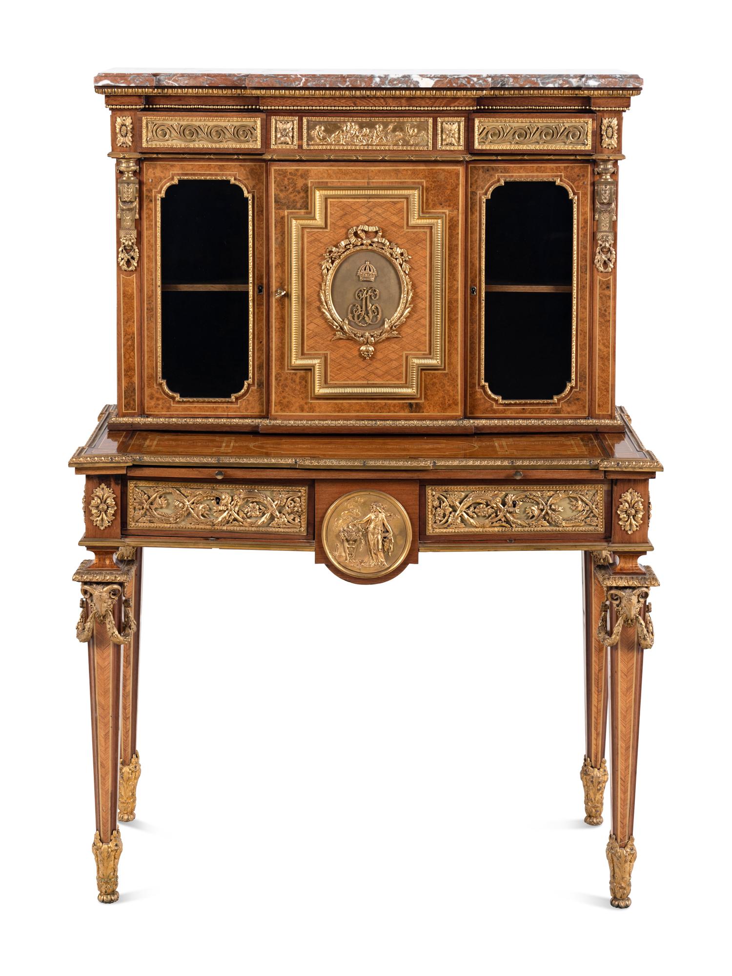 A Louis XVI Style Gilt Bronze Mounted Amaranth, Burr Maple and Kingwood Parquetry Marble-Top Bonheur du Jour
