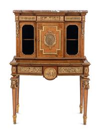 A Louis XVI Style Gilt Bronze Mounted Amaranth, Burr Maple and Kingwood Parquetry Marble-Top Bonheur du Jour
