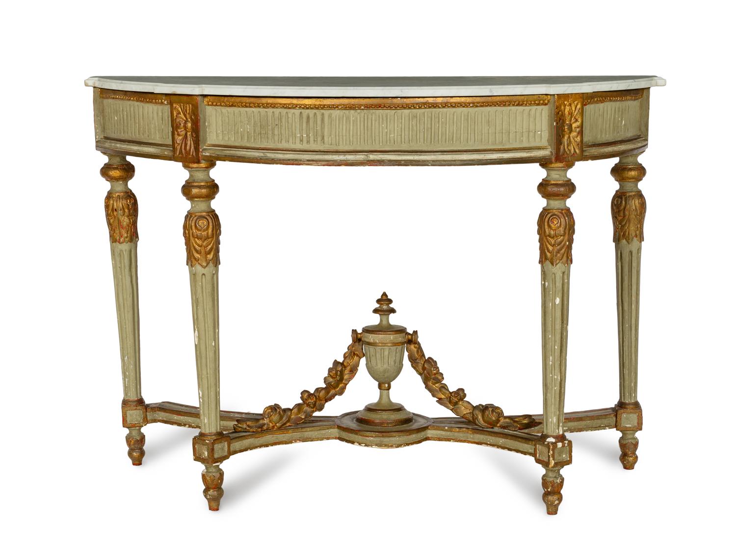 An Italian Neoclassical Gray-Painted and Parcel Gilt Console Table with Marble Top
