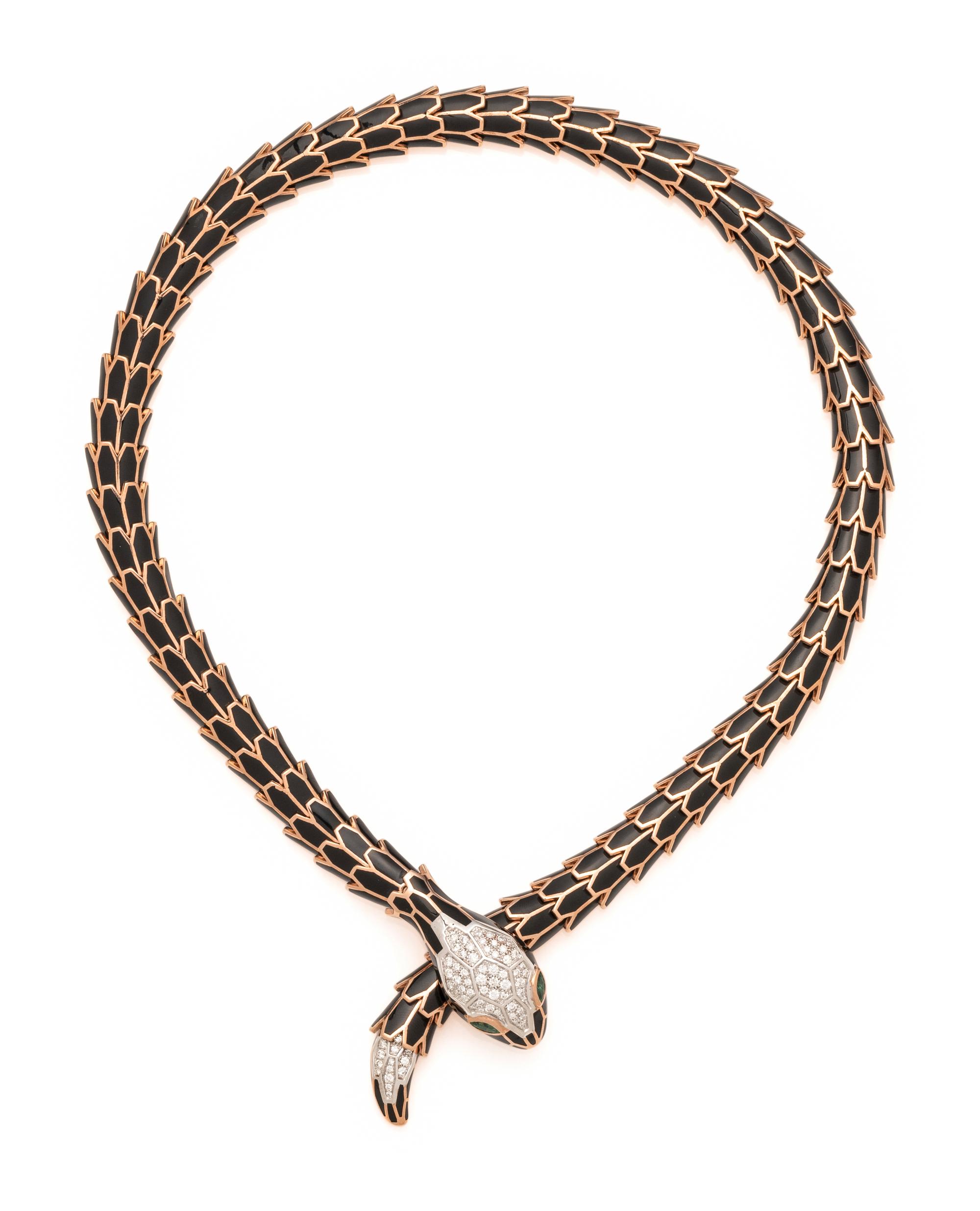 ROSE GOLD, ENAMEL AND DIAMOND SNAKE NECKLACE