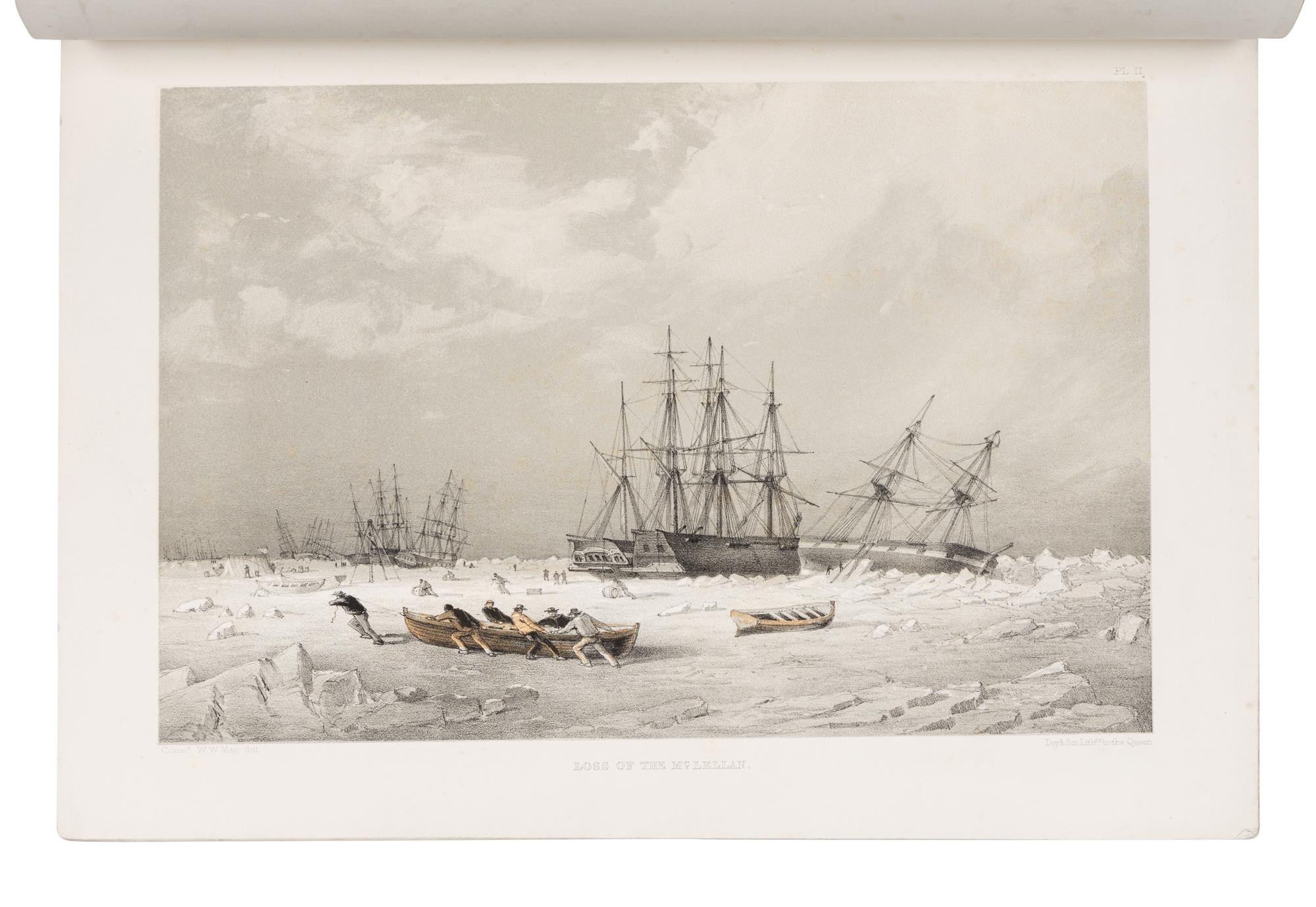 MAY, Walter W. A Series of Fourteen Sketches made During the Voyage up Wellington Channel in Search of Sir John Franklin, K.C.H., and the Missing Crews of H.M. Discovery-Ships Erebus and Terror; together with a Short Account of Each Drawing . London: Published by Day and Son, May 1, 1855.