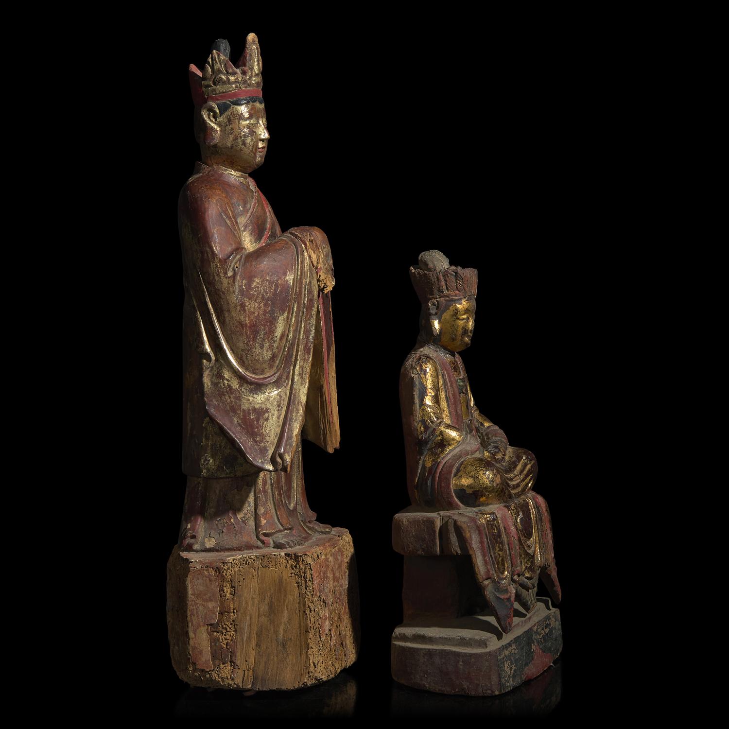 Two Chinese Gilt Wood Figures of Bodhisattvas 木漆金菩薩像兩尊