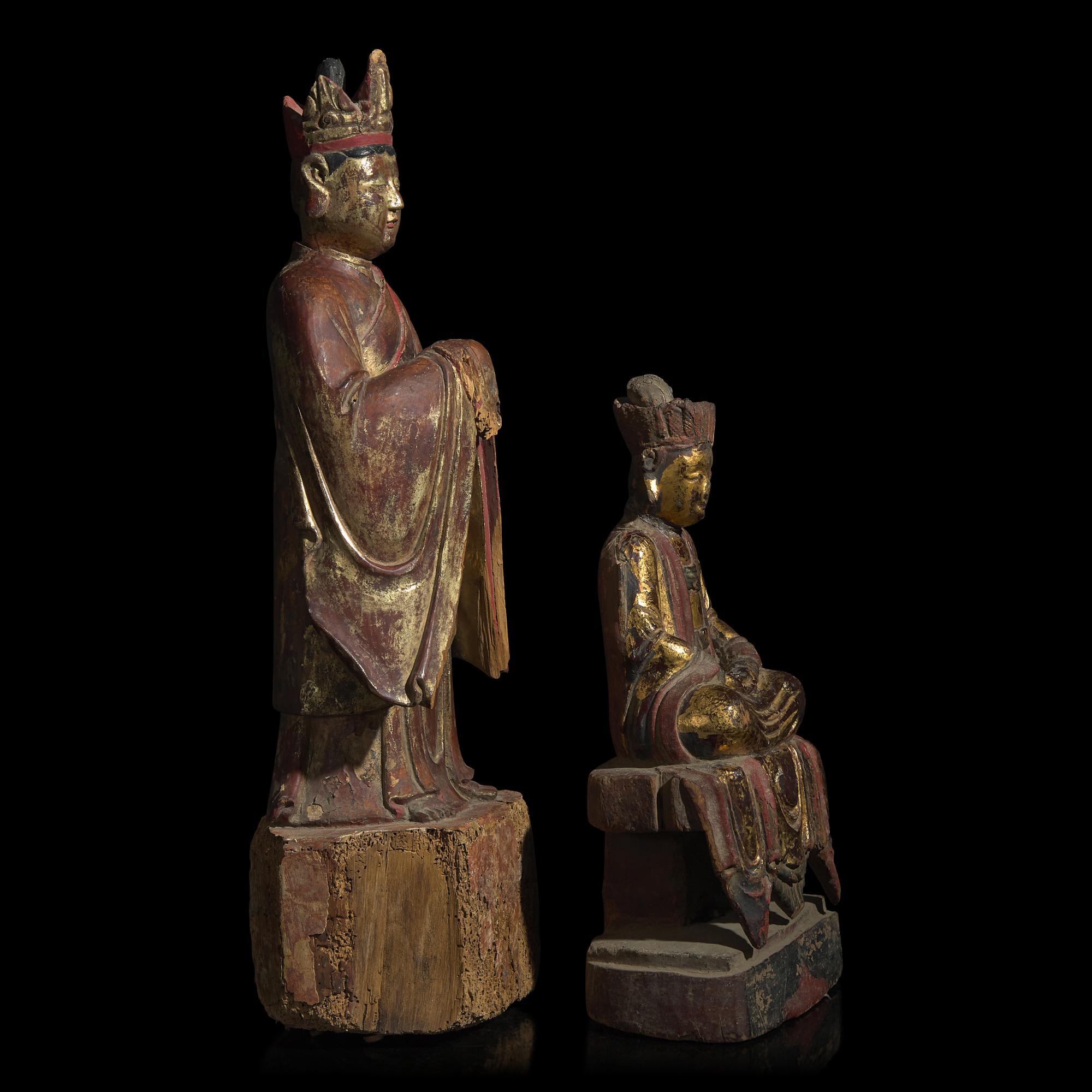Two Chinese Gilt Wood Figures of Bodhisattvas 木漆金菩薩像兩尊