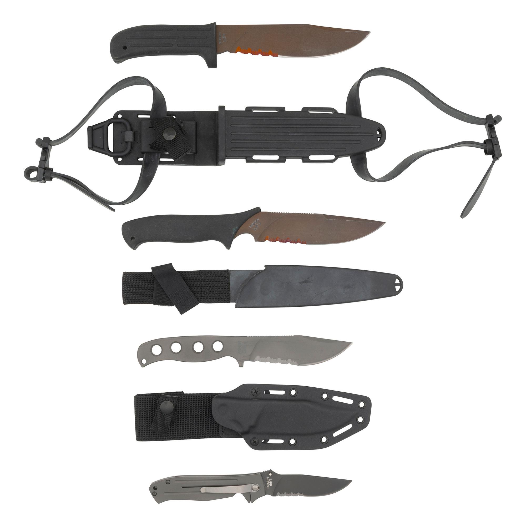 Lot of Four Mission Knives: 3 Fixed Blade Knives Including: MPK, MPT, and MPS and 1 MPF Folding Knife