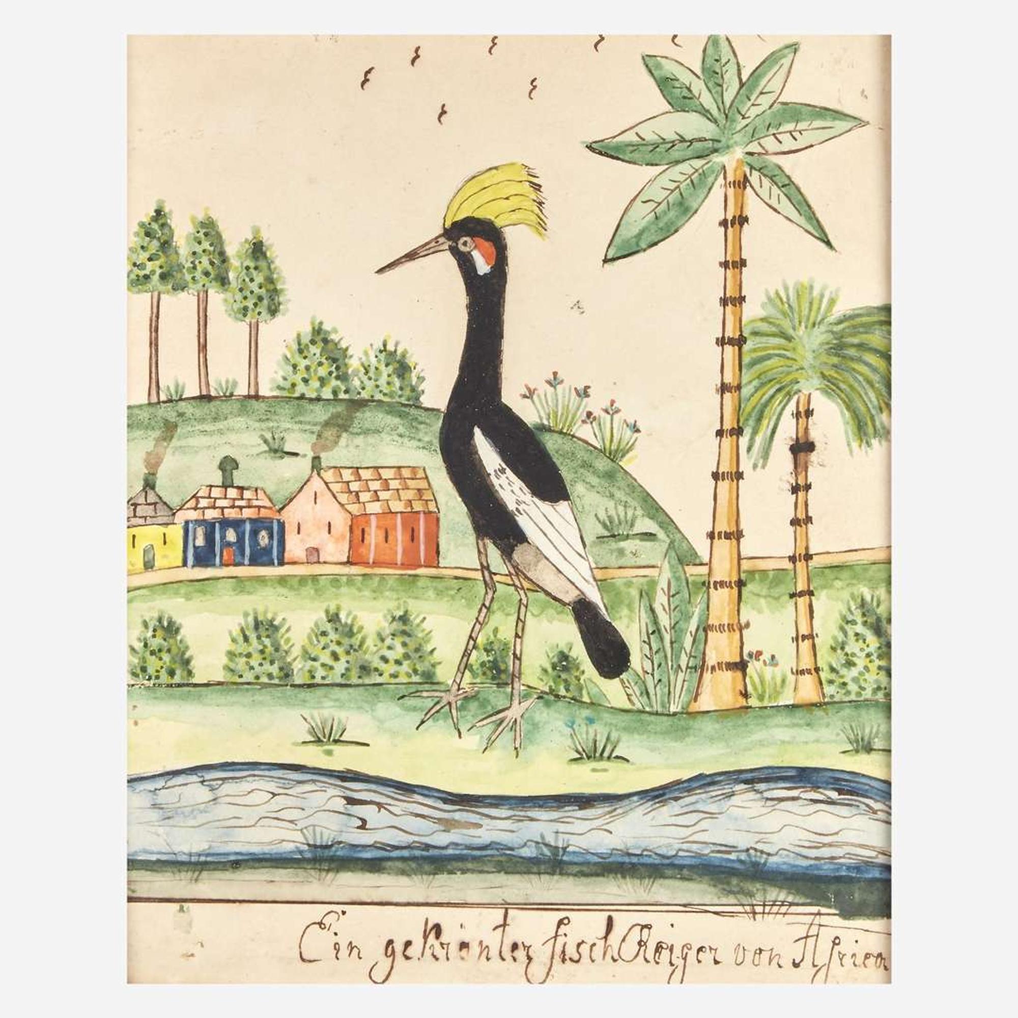 Attributed to the Exotic Scenery Artist A Schwenkfelder Fraktur: The Crane from Africa, circa 1820