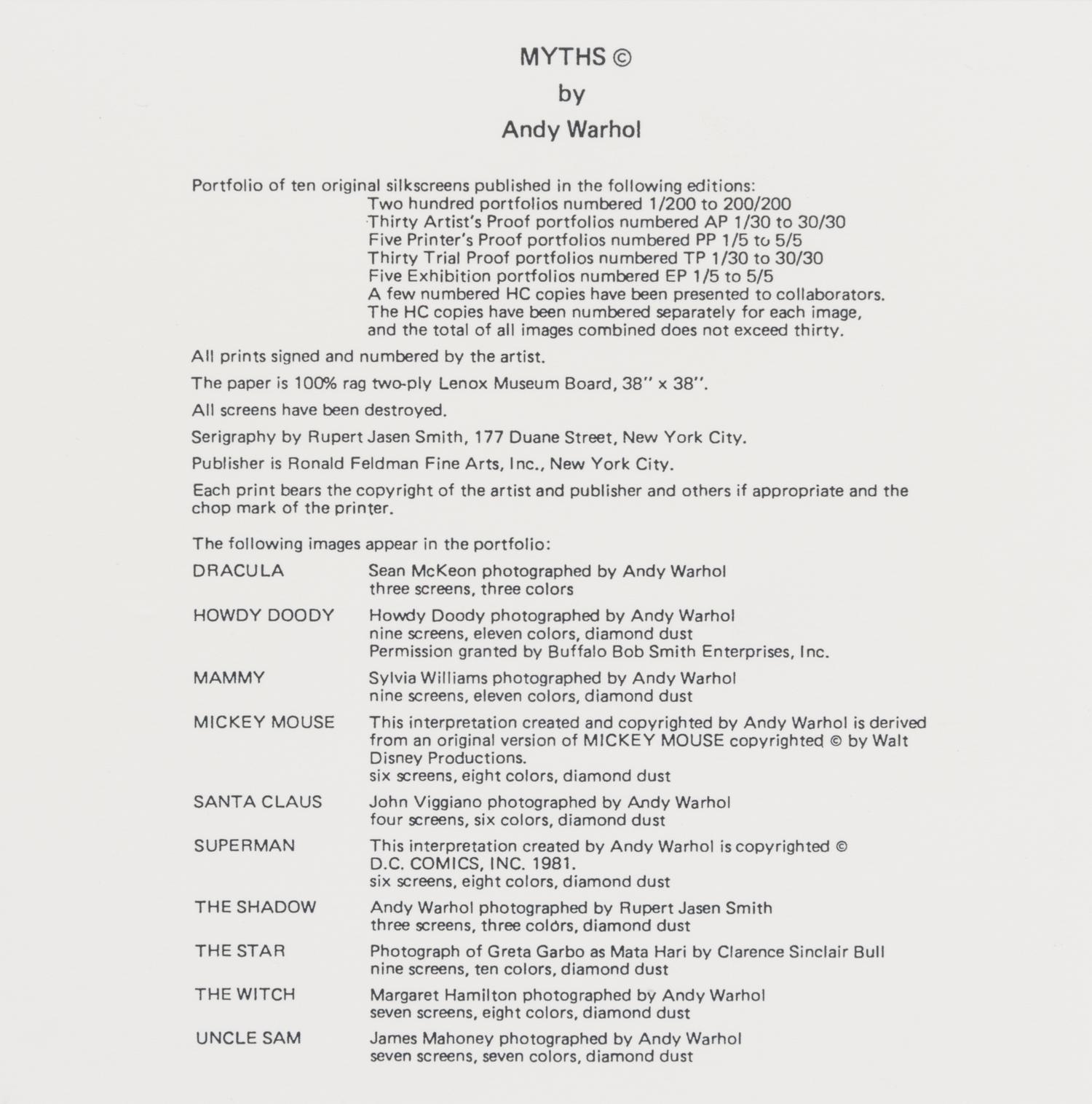 After Andy Warhol, (American, 1928-1987), Myths, 1981 (set of ten announcement cards with cover and contents card)