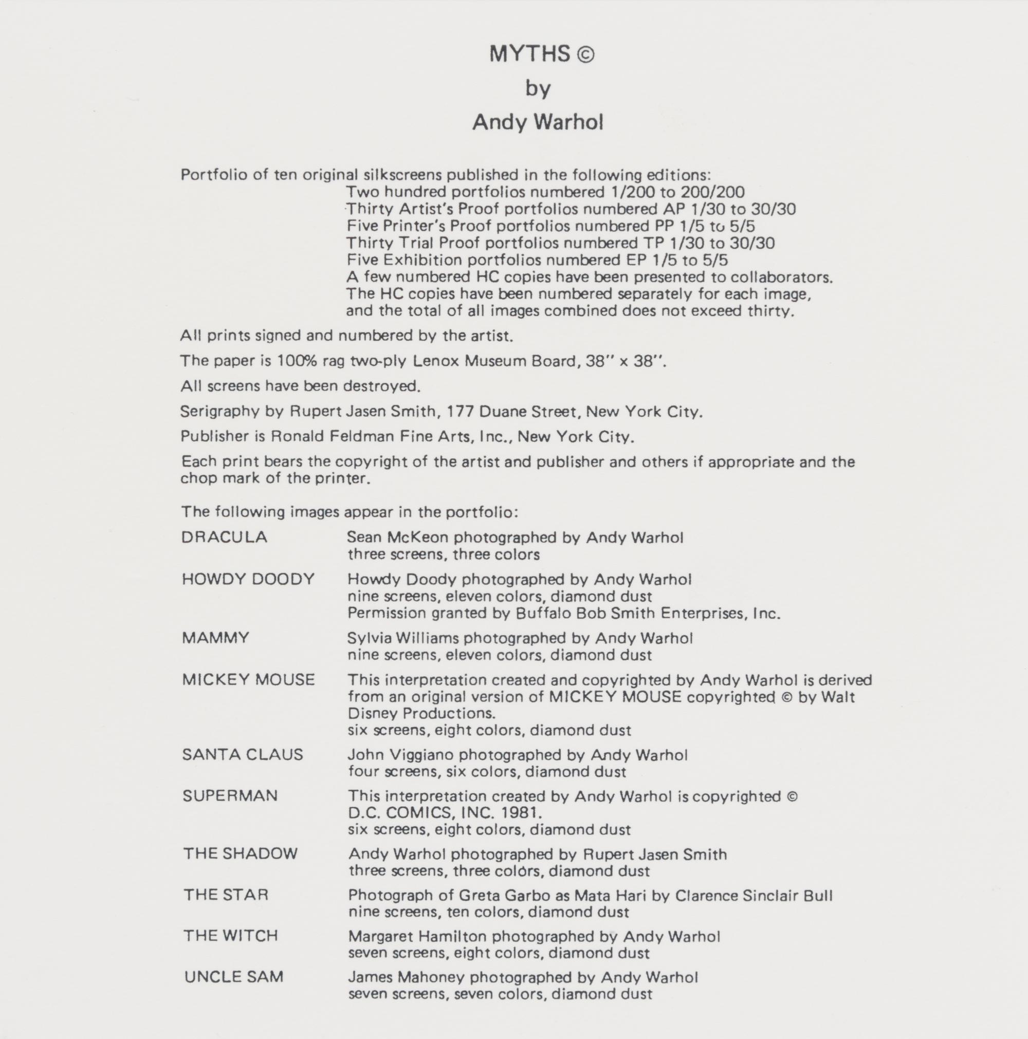 After Andy Warhol, (American, 1928-1987), Myths, 1981 (set of ten announcement cards with cover and contents card)