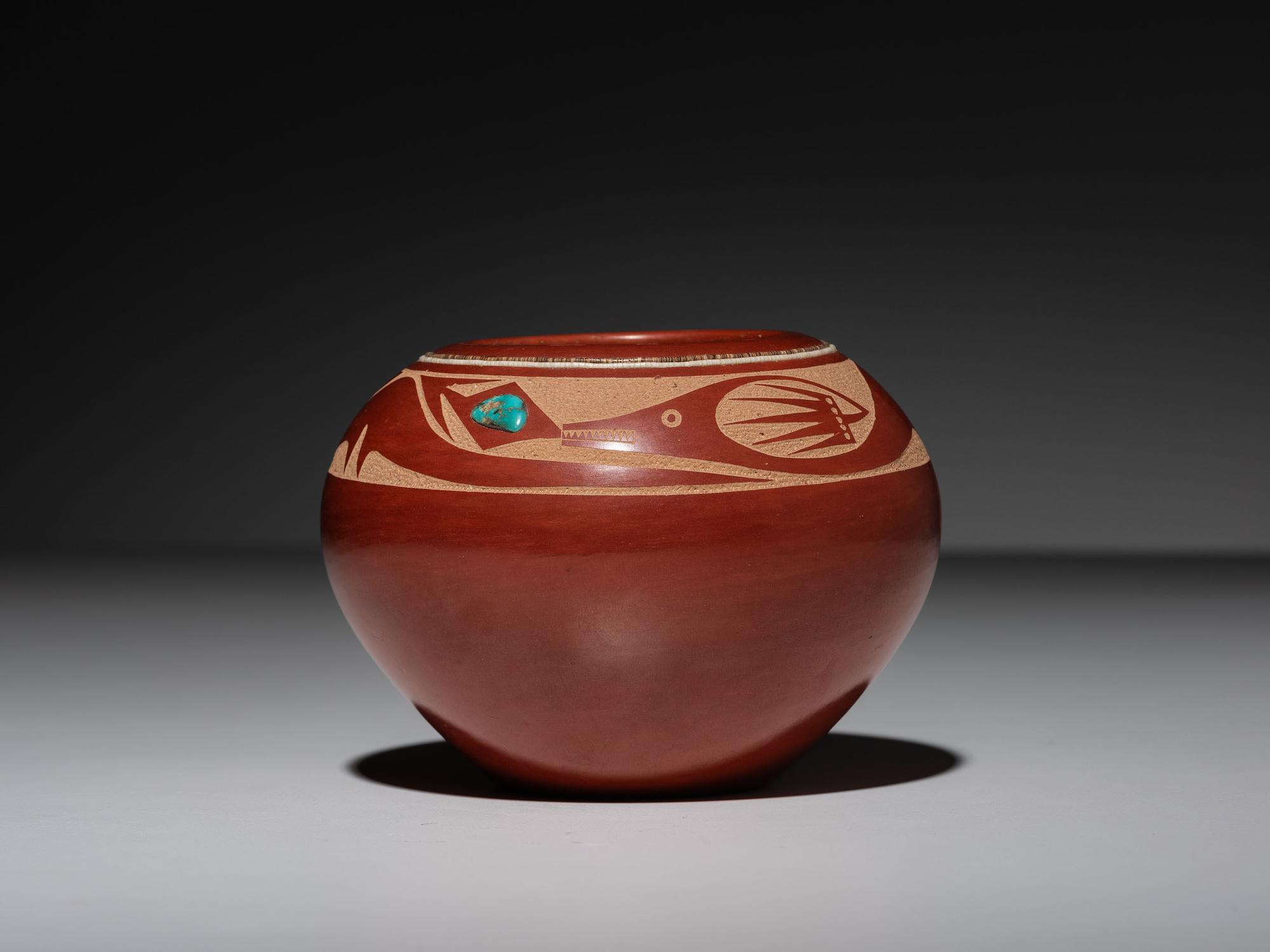 Redware Pottery Jar, with Turquoise and Heishi