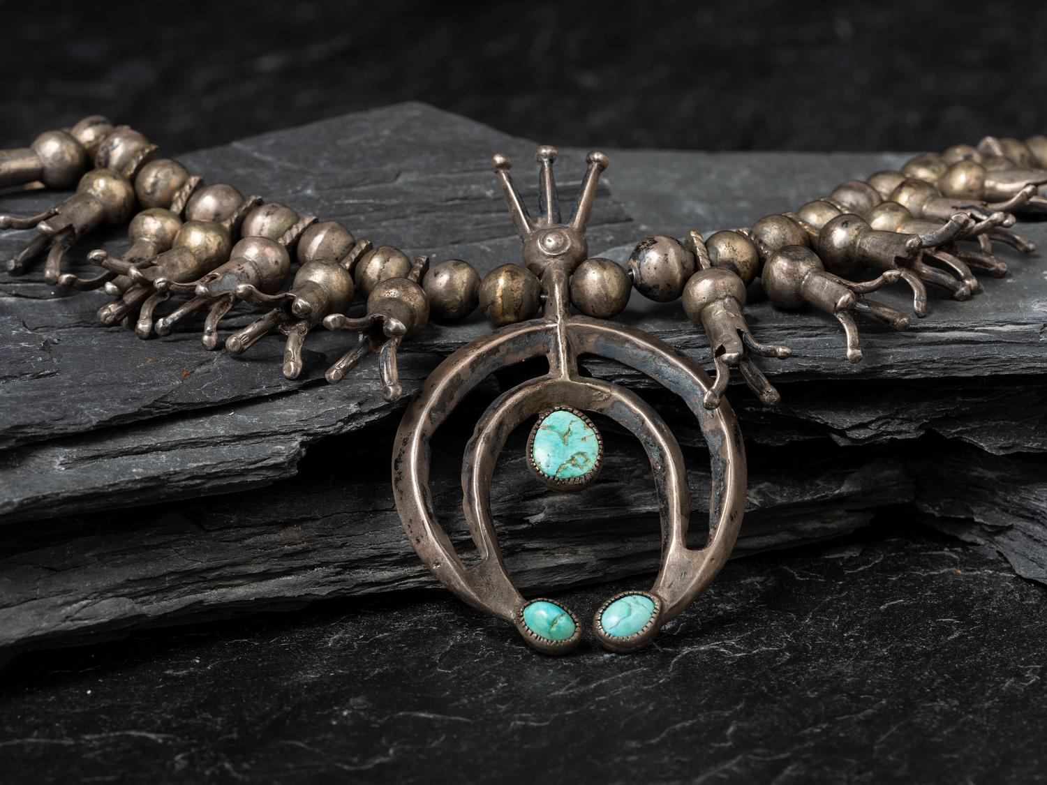 Early Navajo Ingot and Turquoise Squash Blossom Necklace, Collected by Hoffman Birney (1891-1958)
