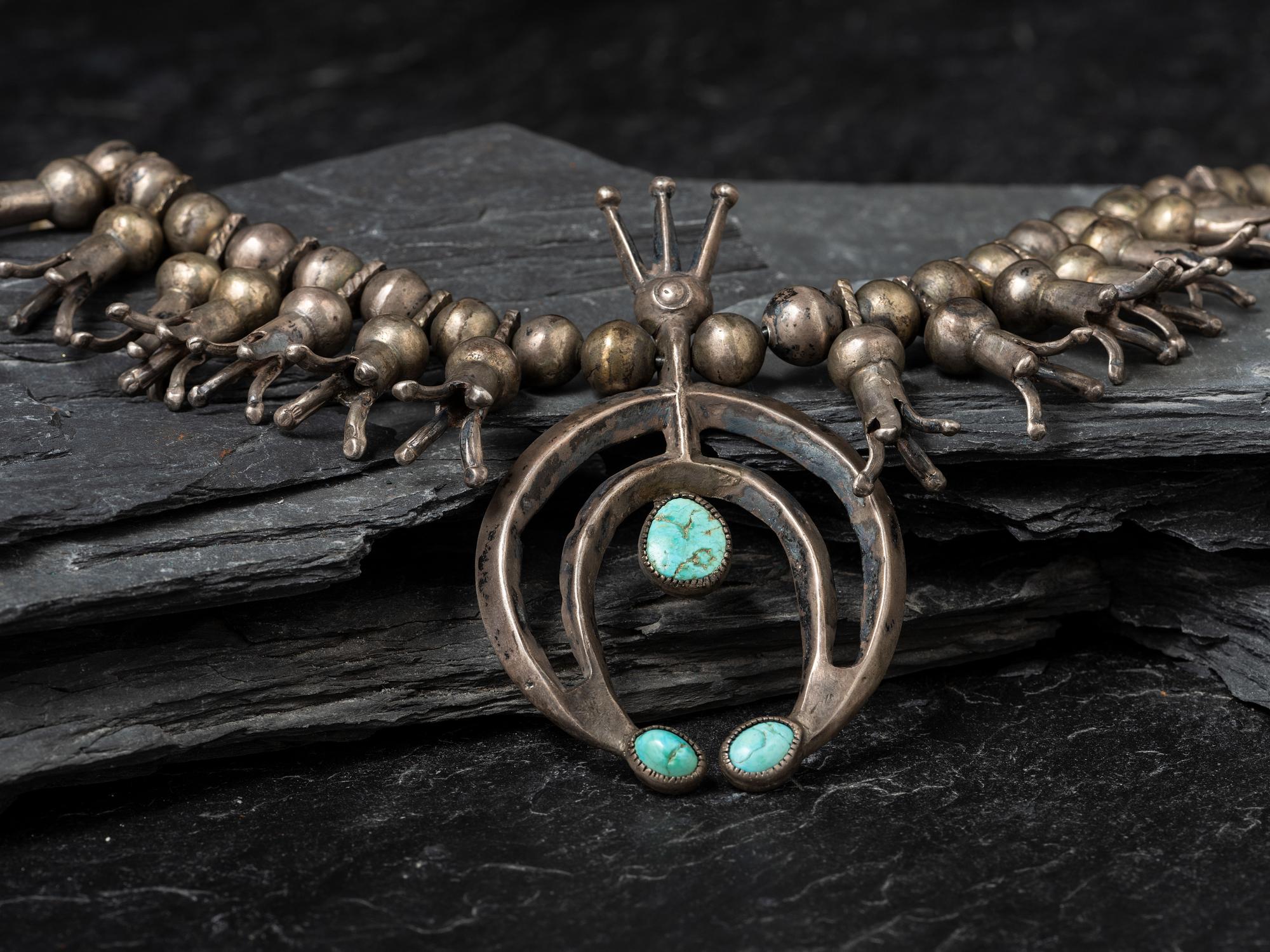 Early Navajo Ingot and Turquoise Squash Blossom Necklace, Collected by Hoffman Birney (1891-1958)