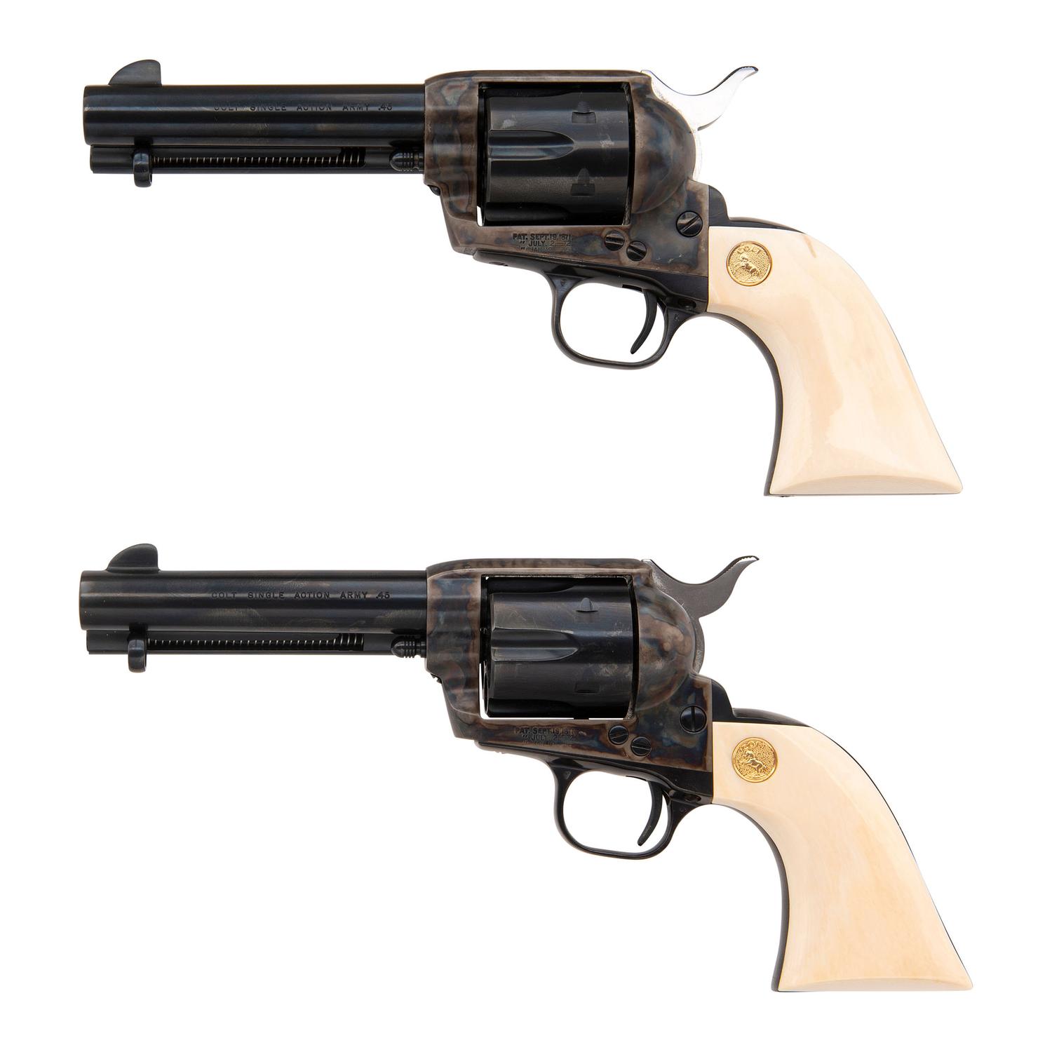 *Consecutively Numbered Pair of Ivory Gripped Colt Single Action Army Revolvers with Black Powder Frames and Bullseye Ejectors in Boxes