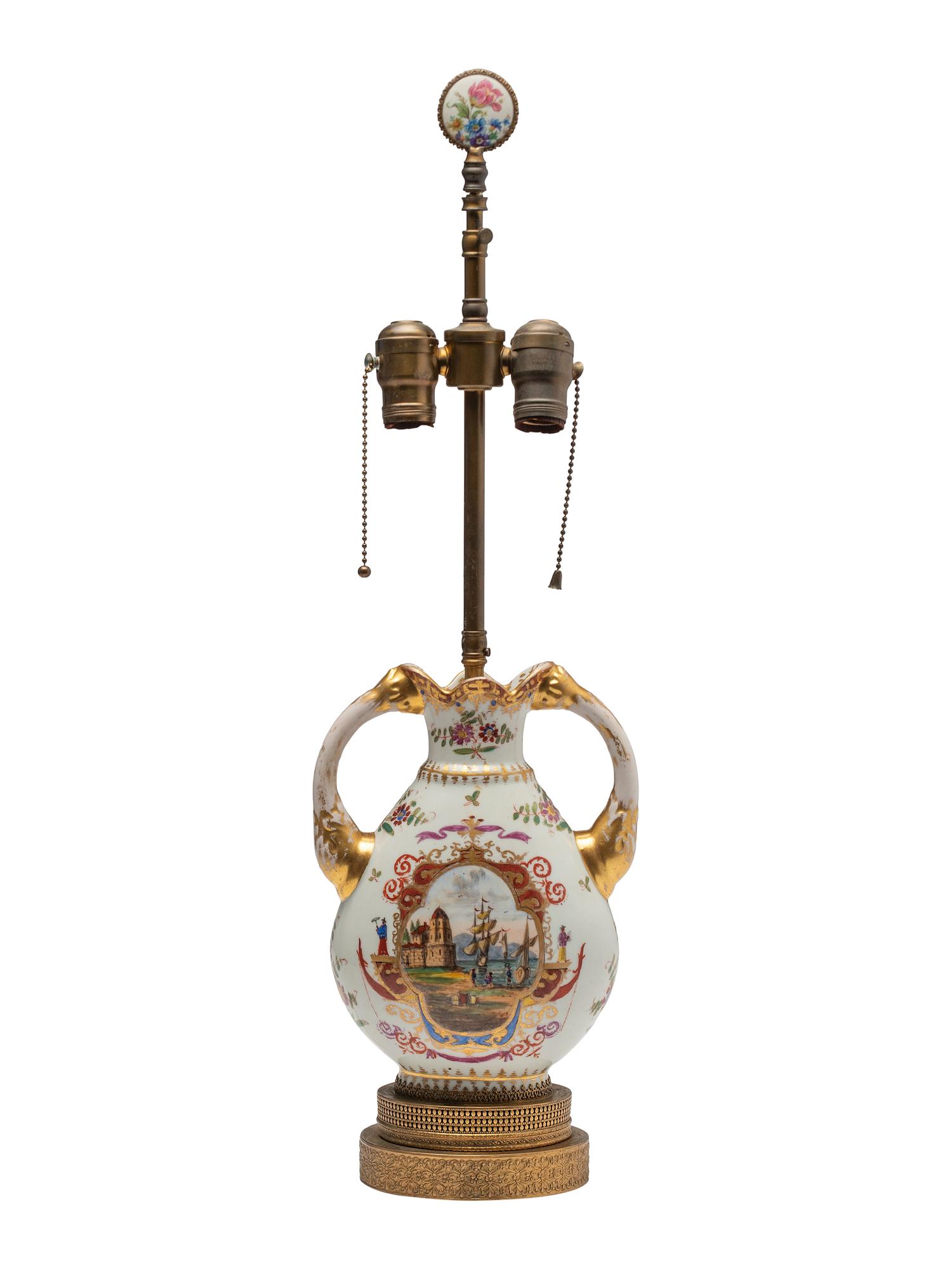 A Continental Porcelain Urn Mounted as a Lamp