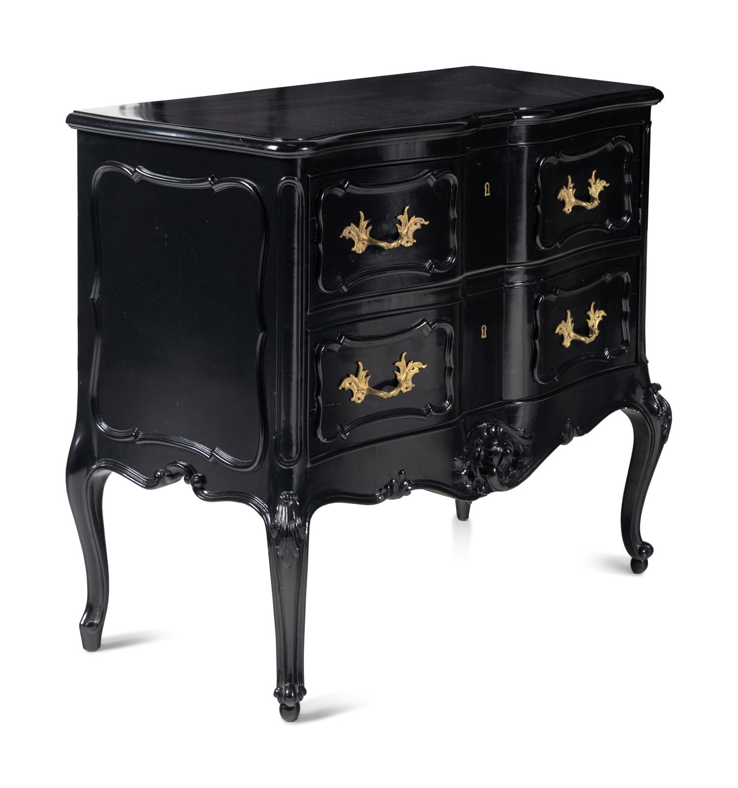 A Pair of Louis XV Style Gilt Metal Mounted Black-Lacquered Commodes