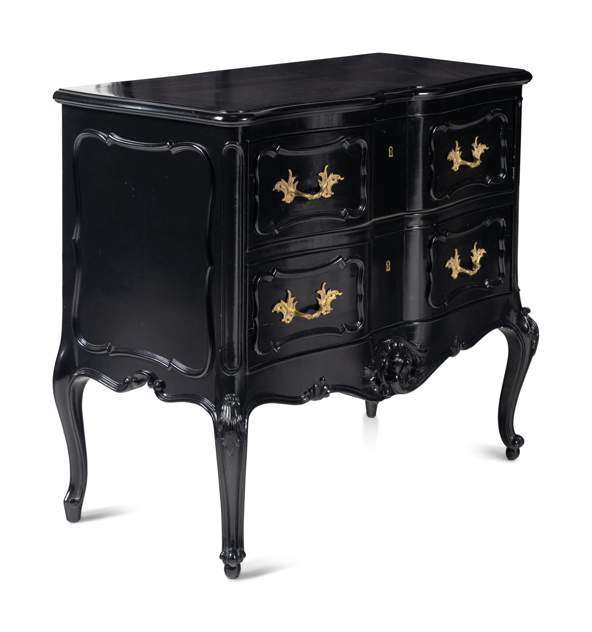 A Pair of Louis XV Style Gilt Metal Mounted Black-Lacquered Commodes