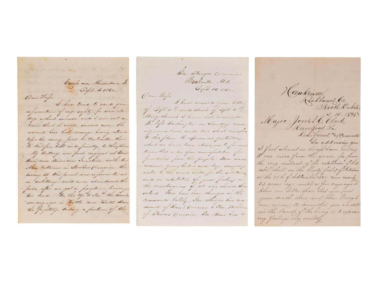 [WESTERN AMERICANA -- CIVIL WAR -- LINCOLN]. Papers of Captain Joseph Claypoole Clark, 4th US Light Artillery, Battery E, WIA Antietam, including frontier and Civil War correspondence, photography, and appointment signed by Lincoln as President.