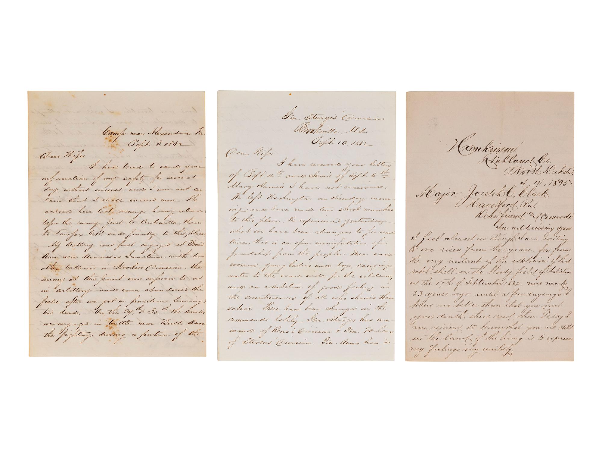 [WESTERN AMERICANA -- CIVIL WAR -- LINCOLN]. Papers of Captain Joseph Claypoole Clark, 4th US Light Artillery, Battery E, WIA Antietam, including frontier and Civil War correspondence, photography, and appointment signed by Lincoln as President.