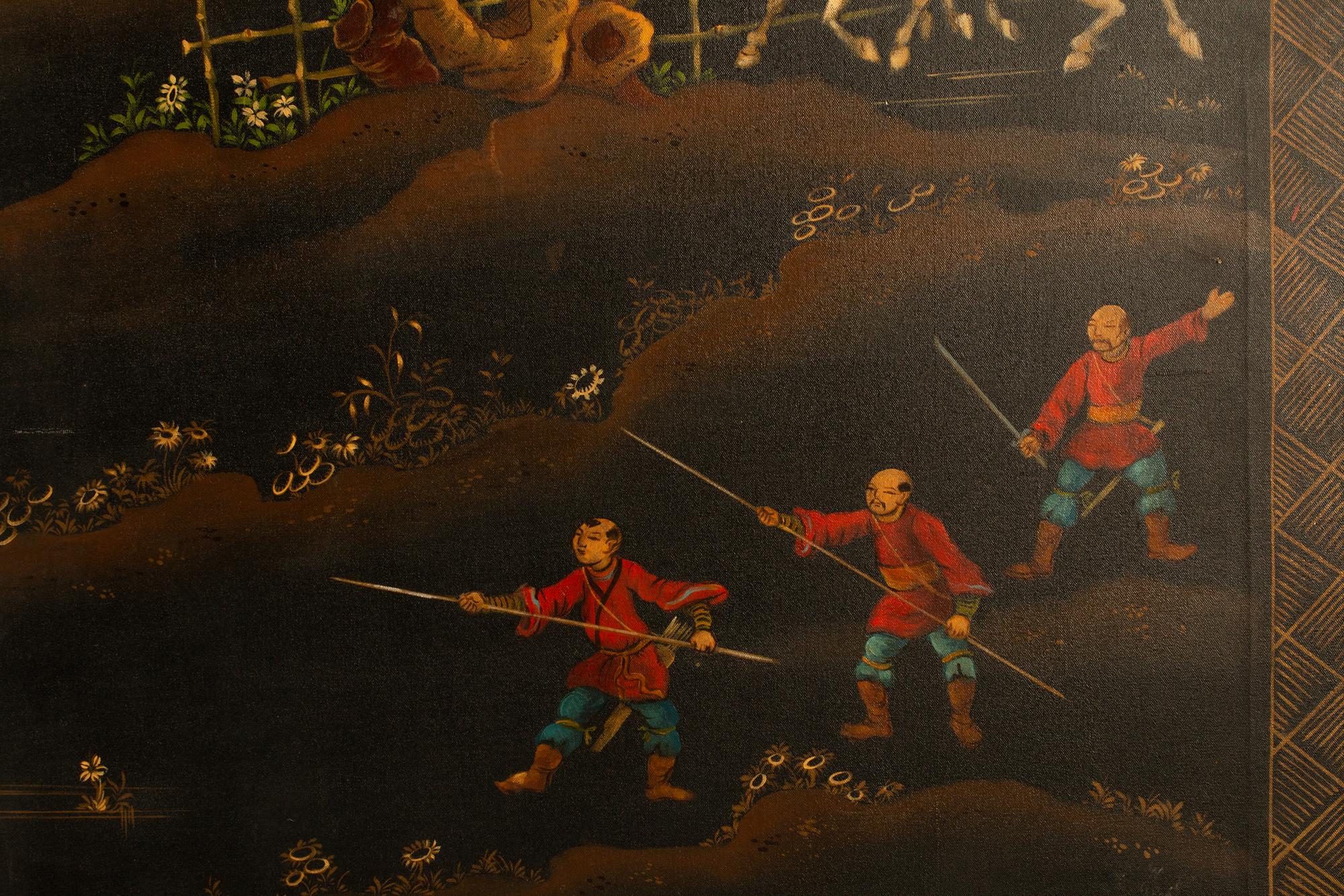 A Continental Chinoiserie Painted Four-Panel Floor Screen