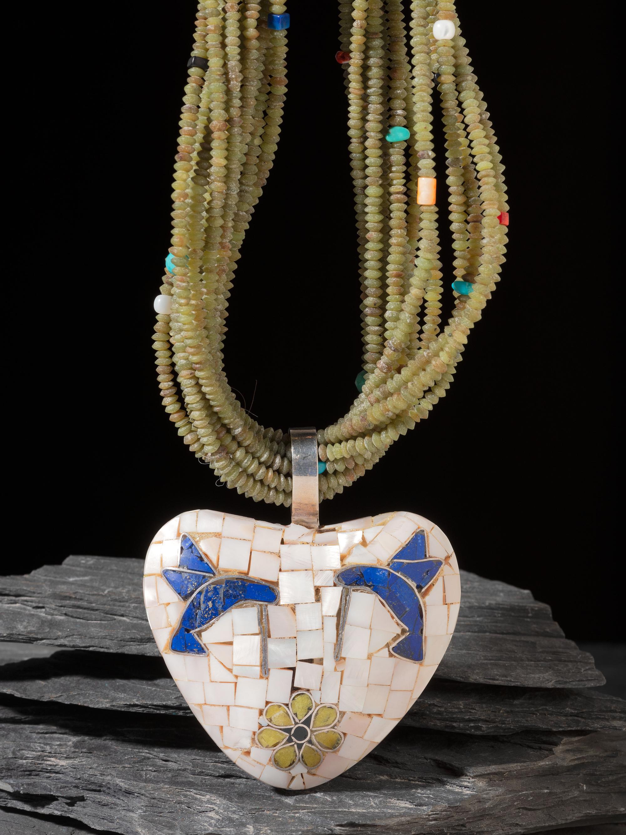 Fourteen-strand Necklace and Reversible Mosaic Inlay Avian Pendant