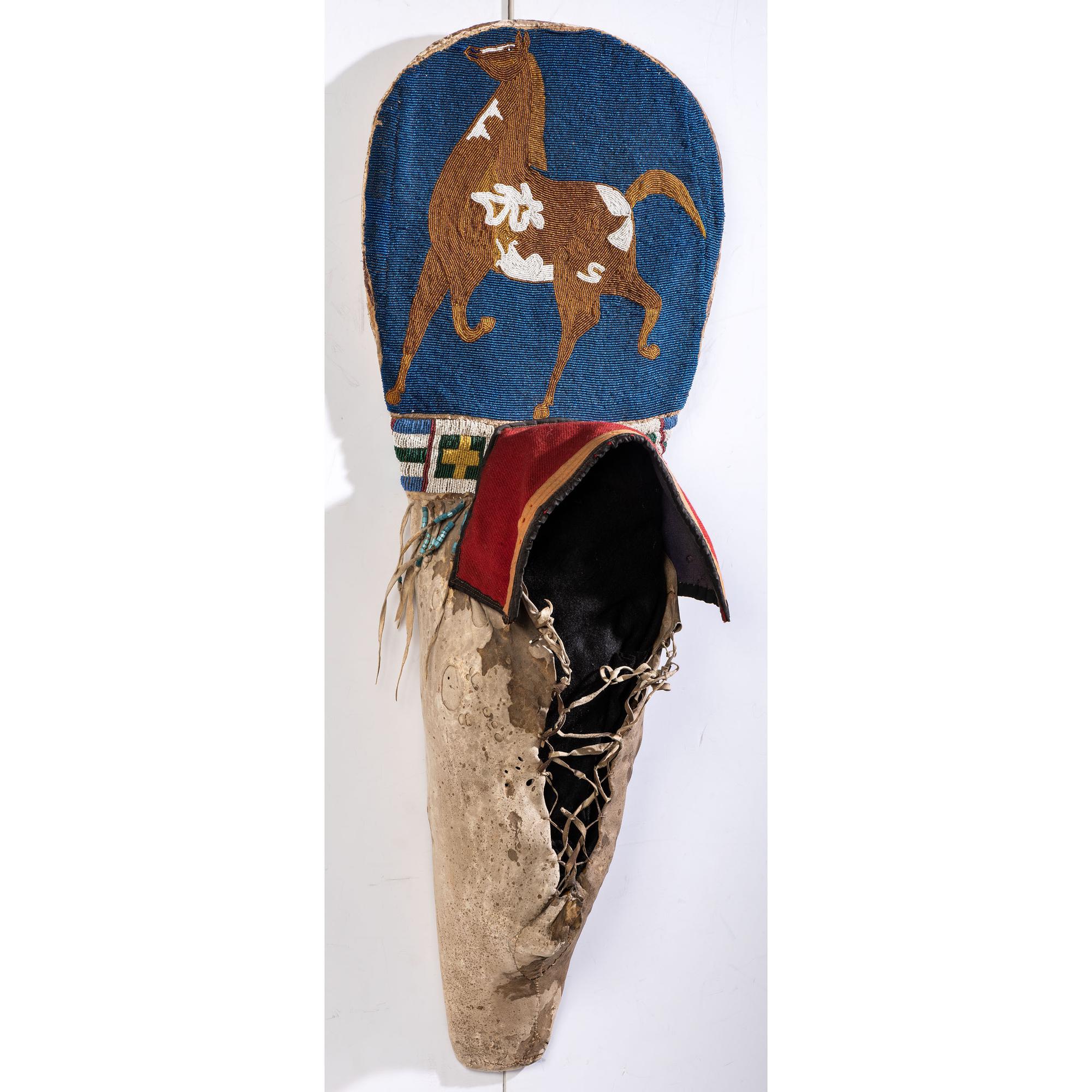 Plateau Child's Beaded Hide Cradleboard, with Pinto Horse
