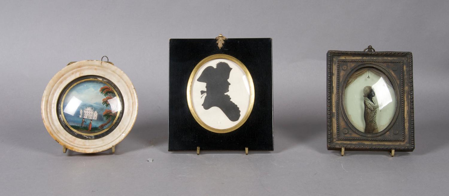 A Collection of Three Framed Decorative Articles, Diameter of first 5 inches.