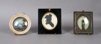 A Collection of Three Framed Decorative Articles, Diameter of first 5 inches.