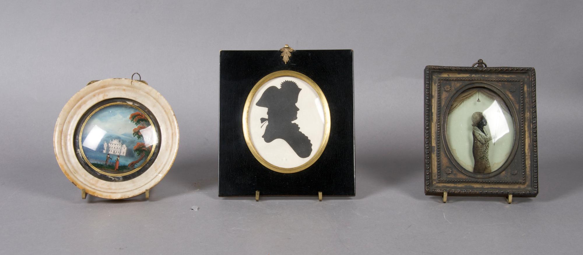 A Collection of Three Framed Decorative Articles, Diameter of first 5 inches.