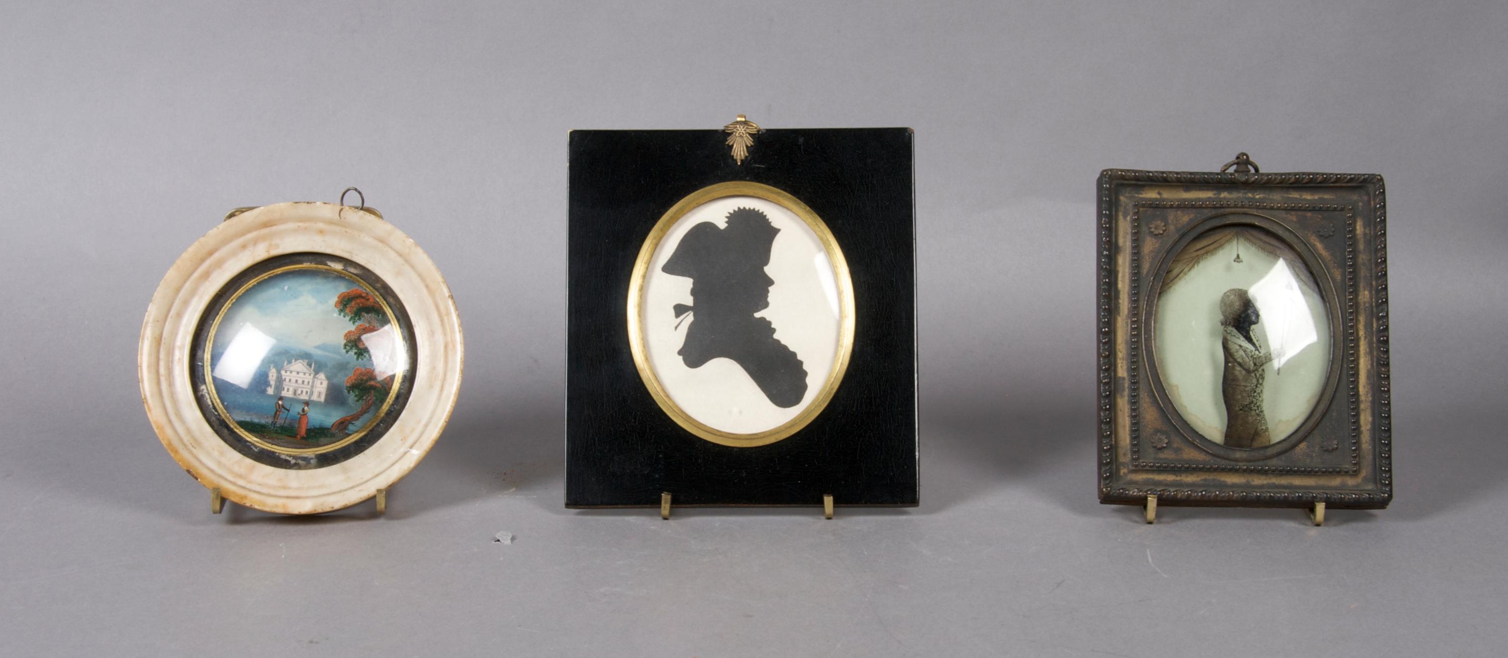 A Collection of Three Framed Decorative Articles, Diameter of first 5 inches.