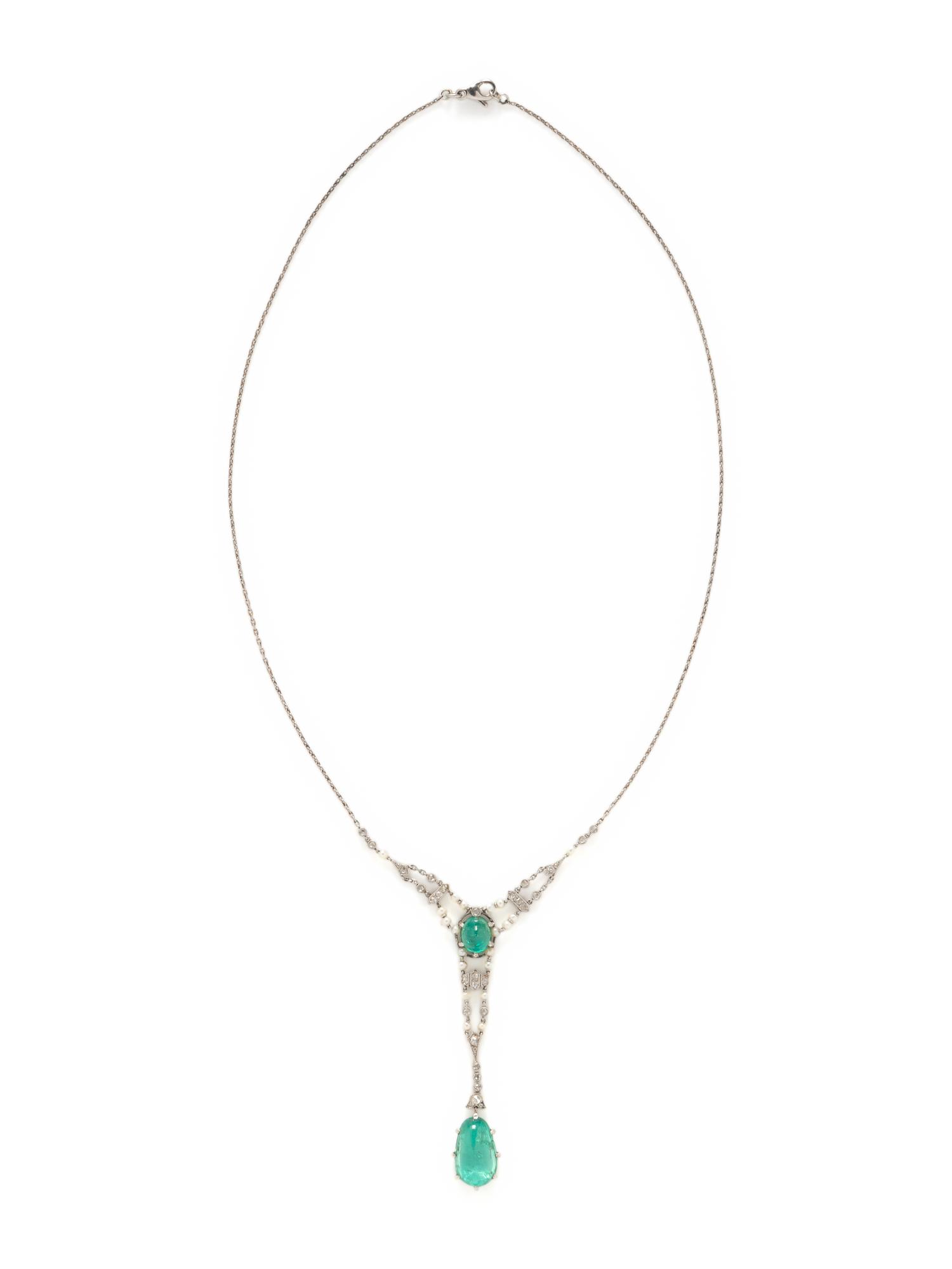 ANTIQUE, EMERALD, DIAMOND AND SEED PEARL NECKLACE