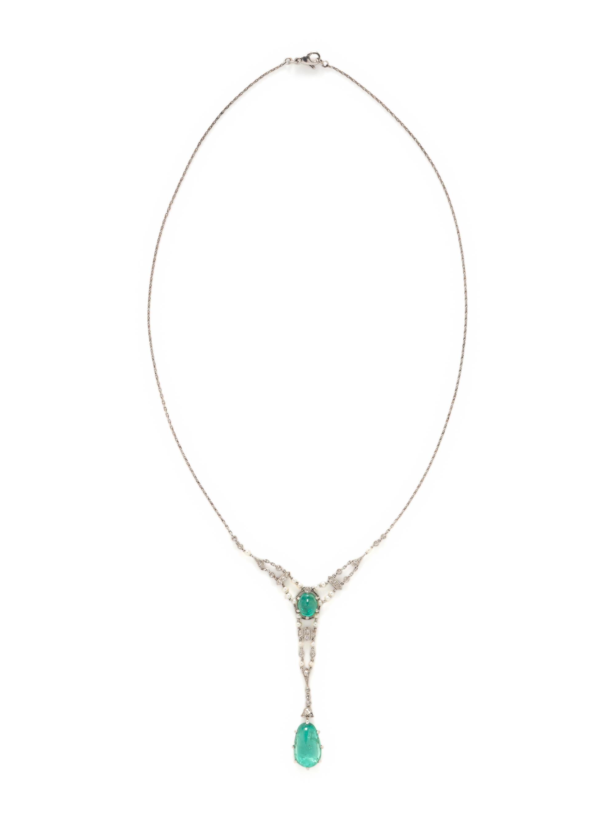 ANTIQUE, EMERALD, DIAMOND AND SEED PEARL NECKLACE
