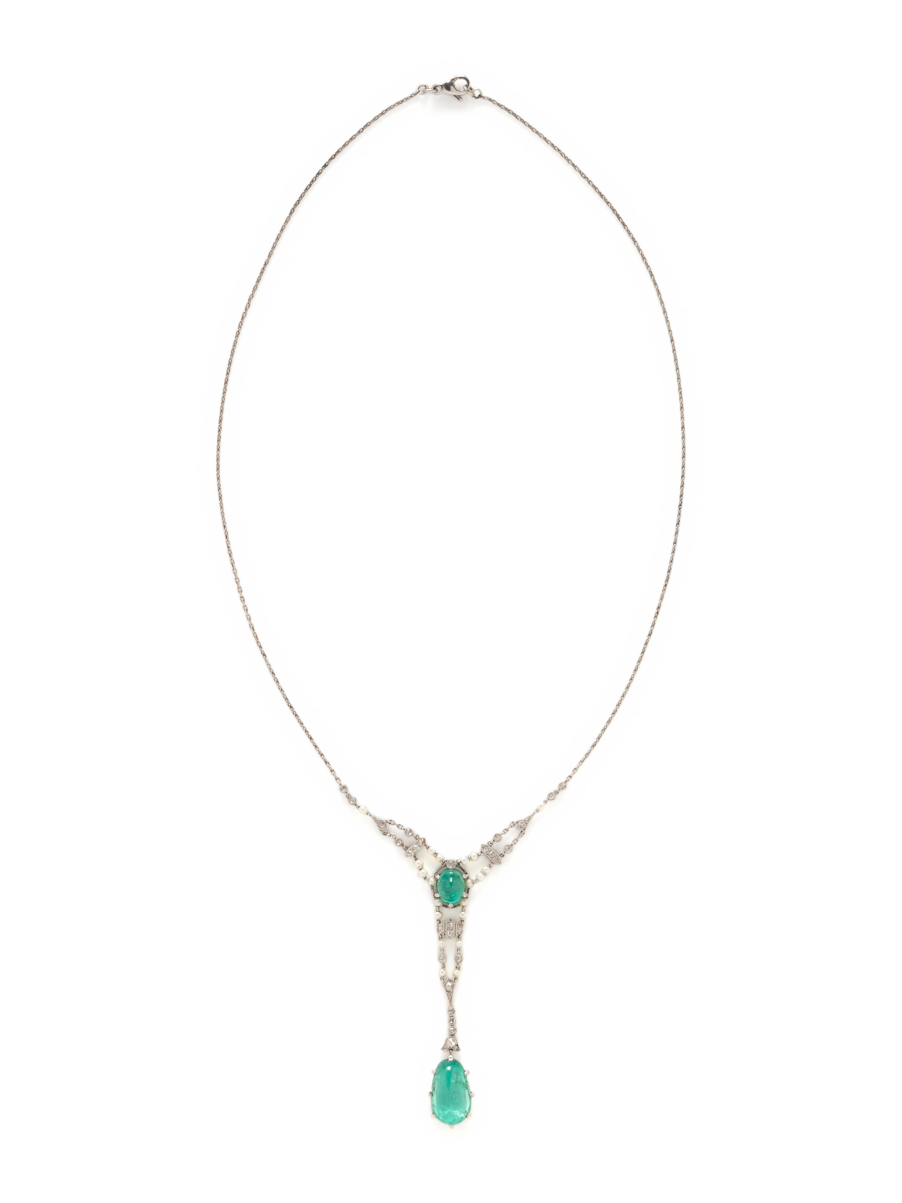 ANTIQUE, EMERALD, DIAMOND AND SEED PEARL NECKLACE
