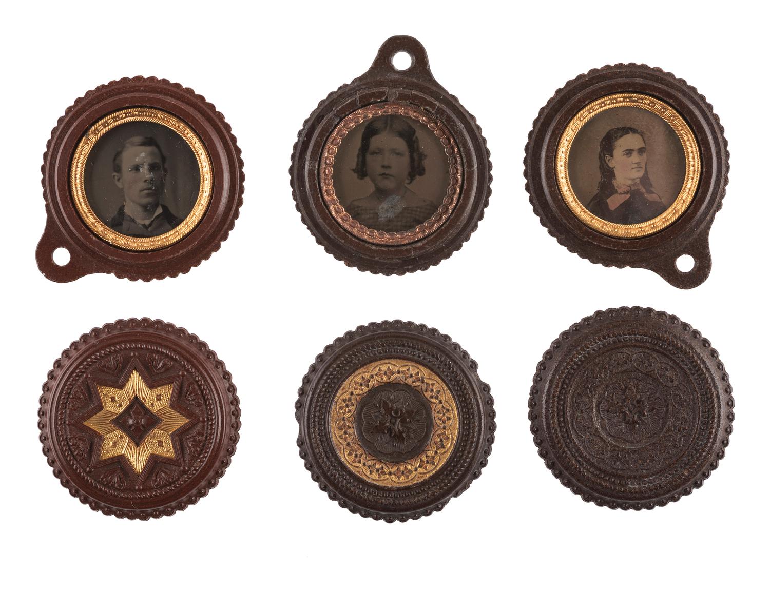 [EARLY PHOTOGRAPHY]. A group of 3 brown fob "oreo" cases containing tintype portraits, including: