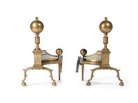 A Pair of Federal Engraved Brass Ball-Top Andirons