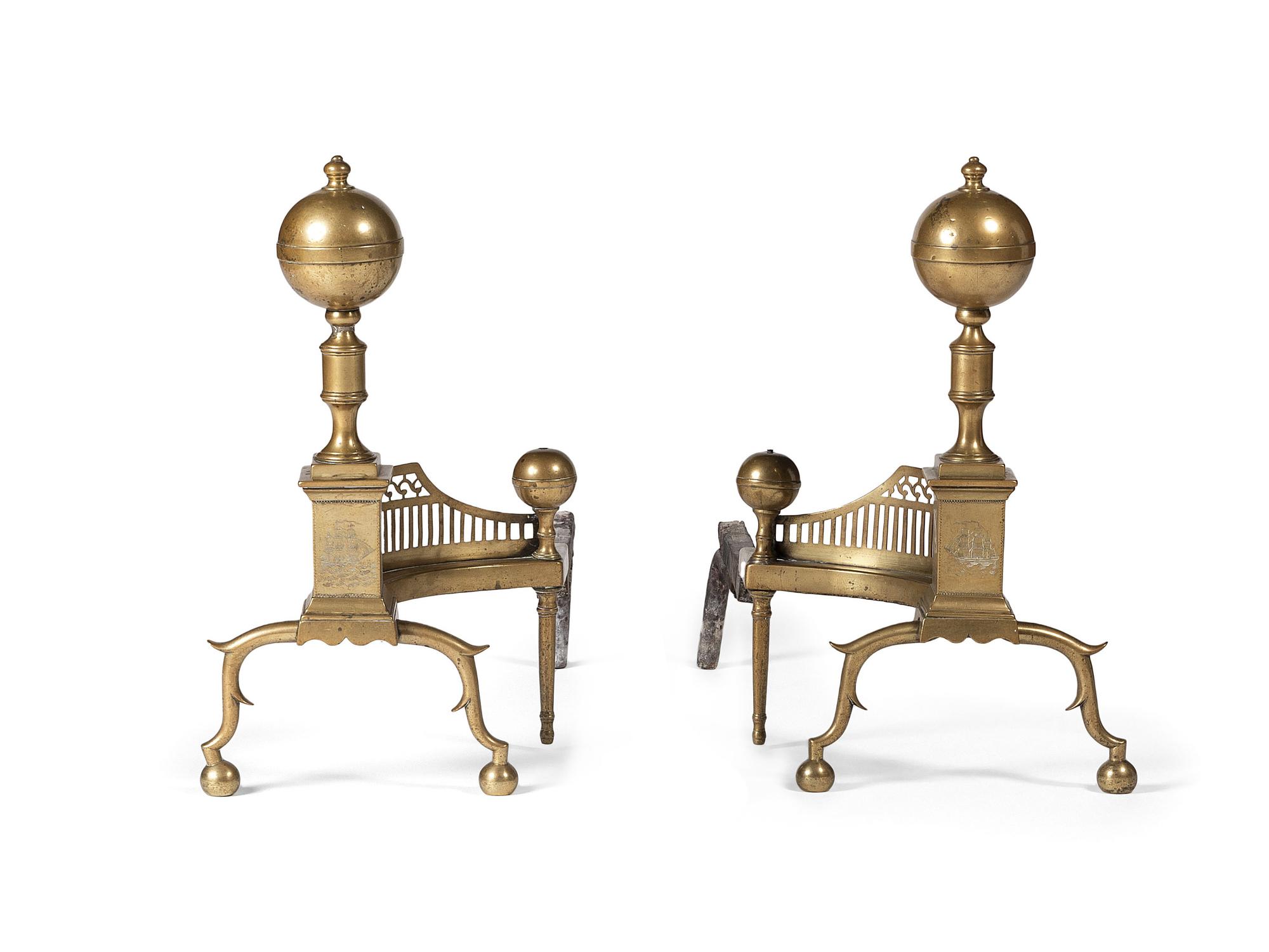 A Pair of Federal Engraved Brass Ball-Top Andirons