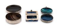 A Group of Three Hardstone Mounted Snuff Boxes, Late 19th/Early 20th Century, comprising two examples with agate inset lids and bases a