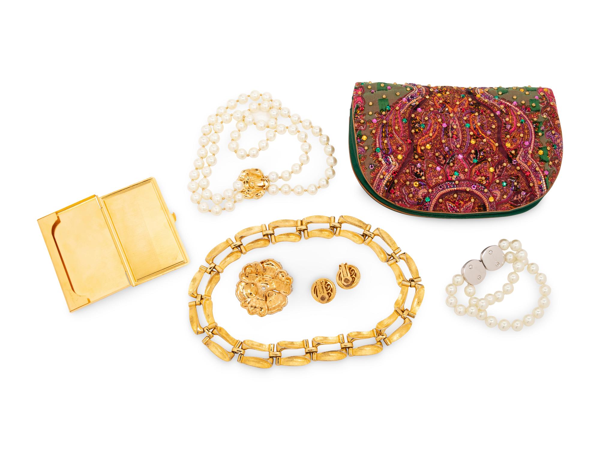 Judith Leiber Items: One Bag, One Bracelet, Two Necklaces, One Brooch, Earrings, and One Metal Card Case, 1980-90s