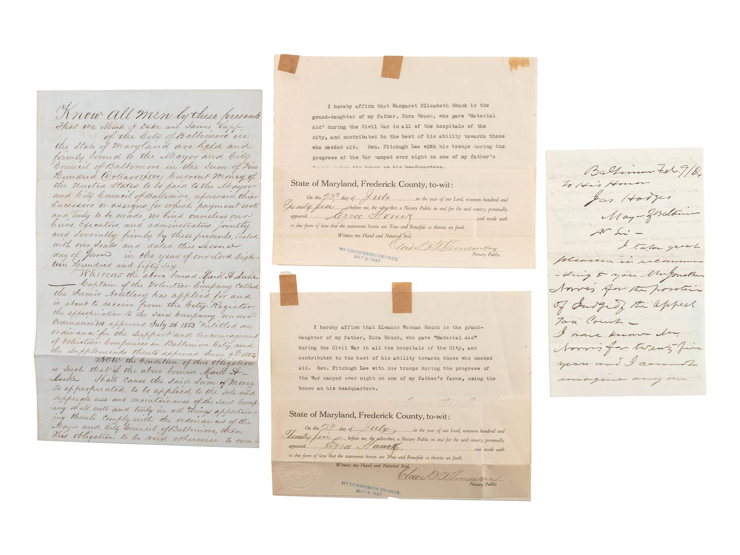 [CIVIL WAR-MARYLAND]. Applications for support & pre-war bonds of appropriations for miltias.
