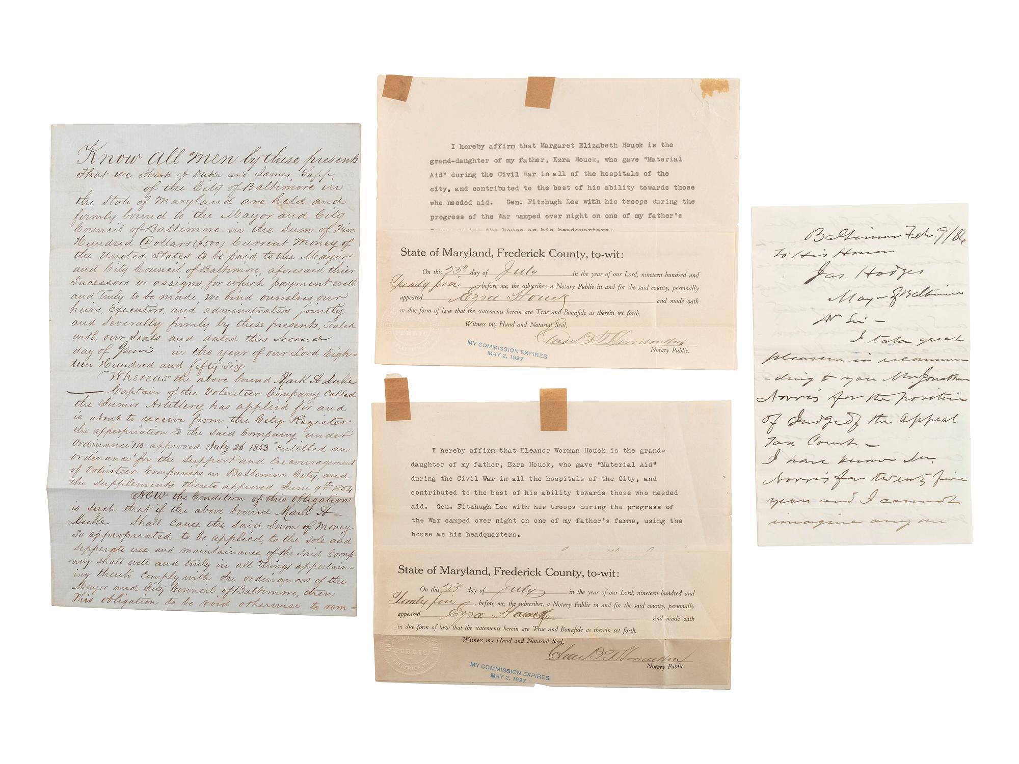 [CIVIL WAR-MARYLAND]. Applications for support & pre-war bonds of appropriations for miltias.