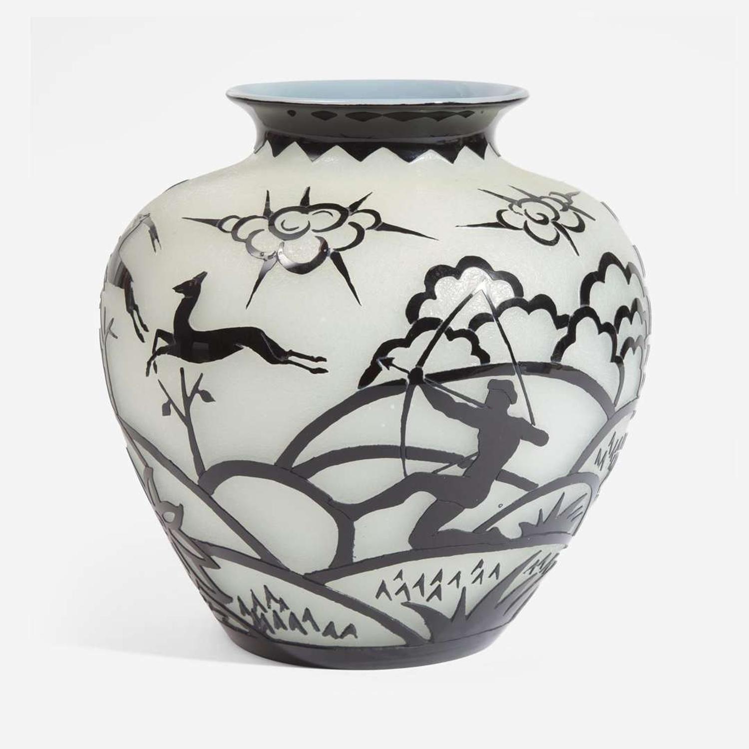 Frederick Carder (British, 1863-1963) Mirror Black over Alabaster Vase, "Hunting" Pattern, Steuben, USA, circa 1927-1932