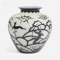 Frederick Carder (British, 1863-1963) Mirror Black over Alabaster Vase, "Hunting" Pattern, Steuben, USA, circa 1927-1932