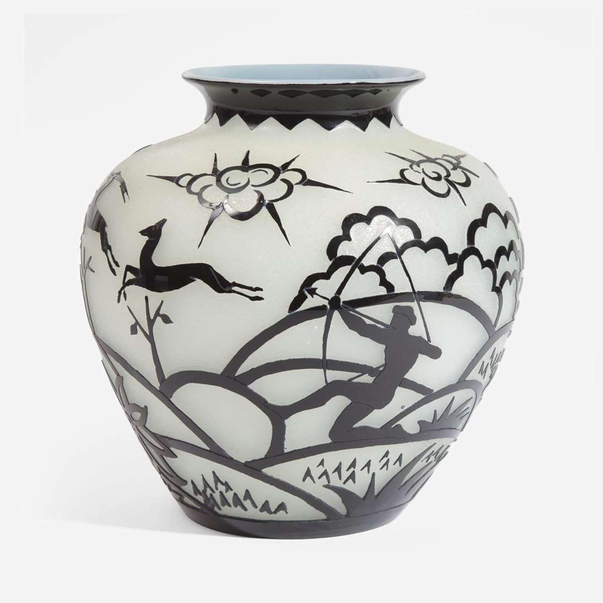 Frederick Carder (British, 1863-1963) Mirror Black over Alabaster Vase, "Hunting" Pattern, Steuben, USA, circa 1927-1932