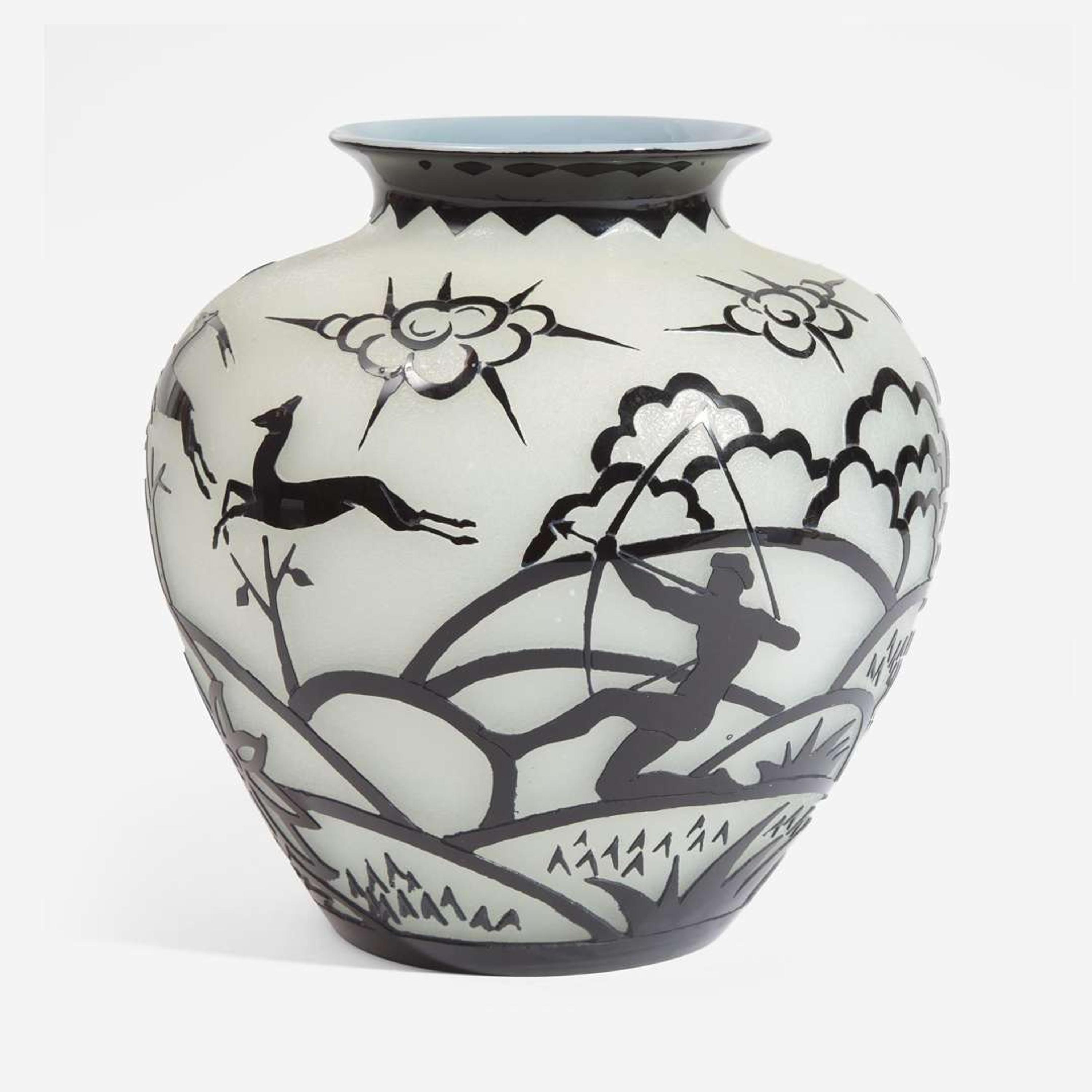 Frederick Carder (British, 1863-1963) Mirror Black over Alabaster Vase, "Hunting" Pattern, Steuben, USA, circa 1927-1932
