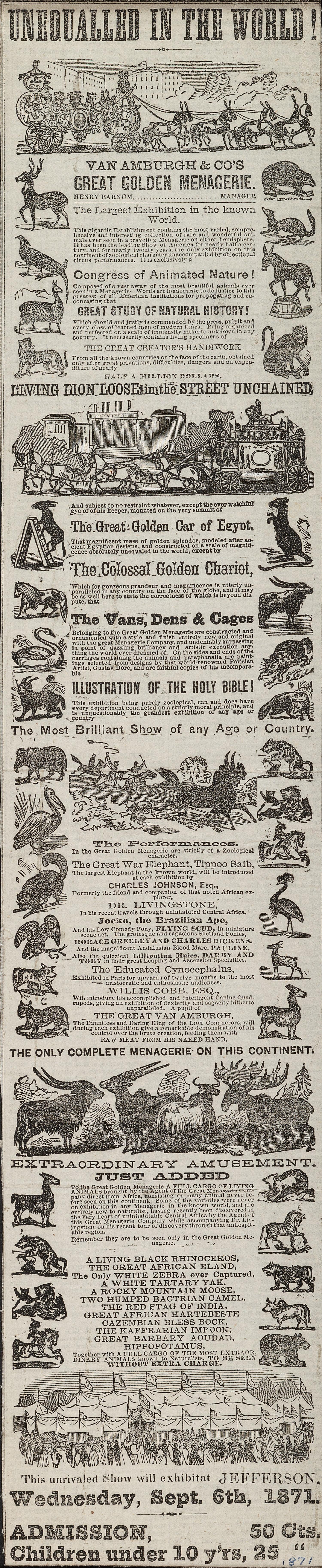 [CIRCUS]. Unequalled in the World! Van Amburgh & Co.'s Great Golden Menagerie. N.p.: N.p., 1871.