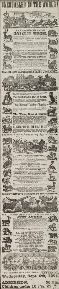 [CIRCUS]. Unequalled in the World! Van Amburgh & Co.'s Great Golden Menagerie. N.p.: N.p., 1871.