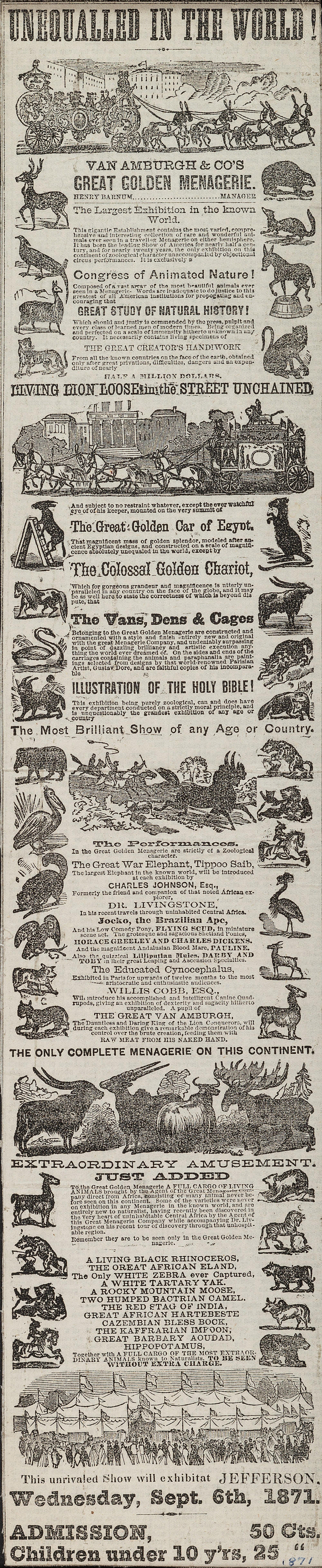 [CIRCUS]. Unequalled in the World! Van Amburgh & Co.'s Great Golden Menagerie. N.p.: N.p., 1871.