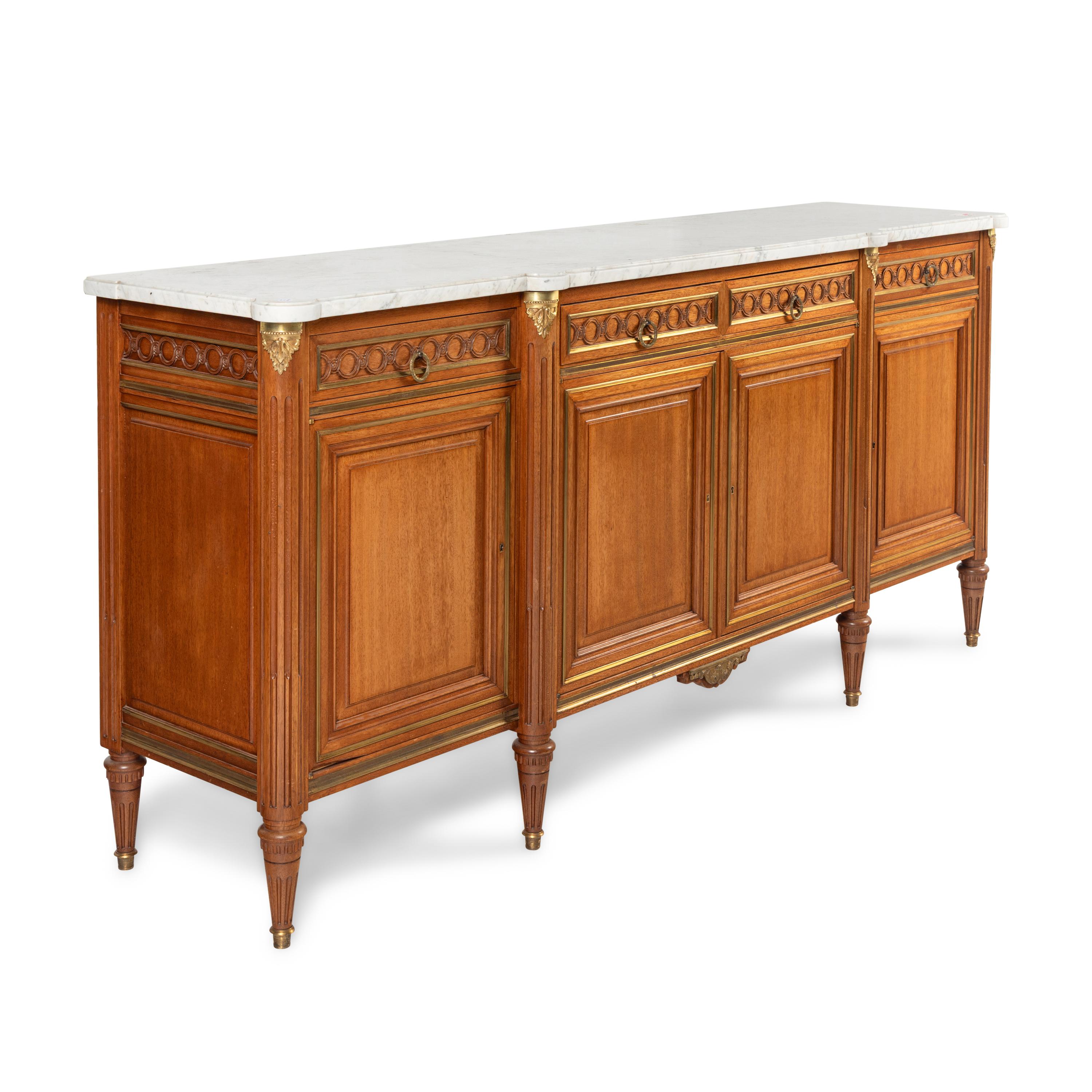 A Louis XVI Style Fruitwood Marble-Top Serving Cabinet