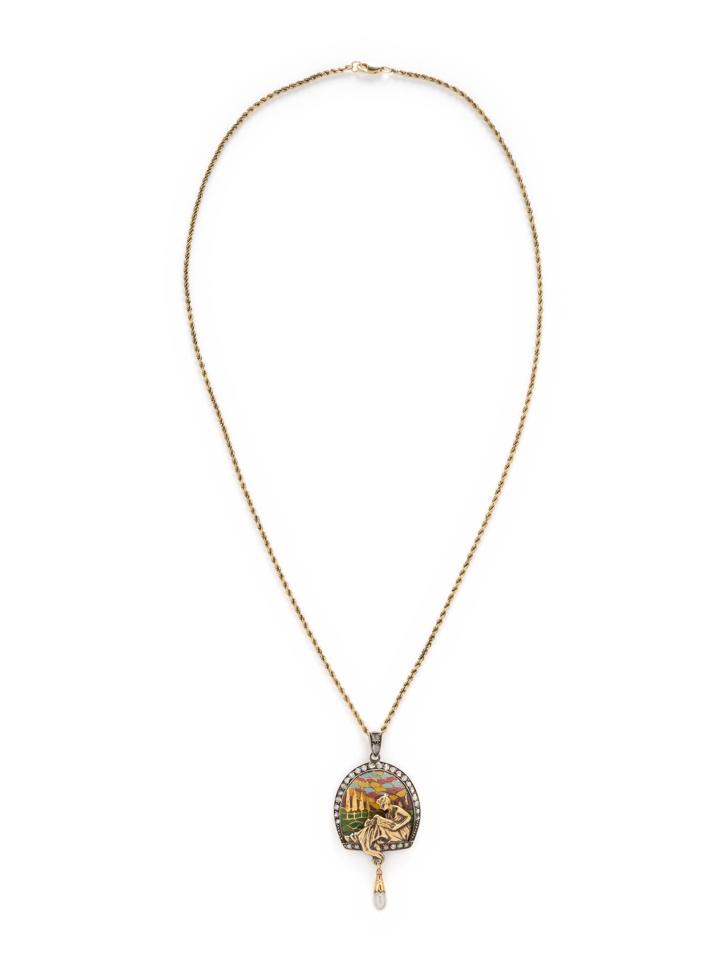YELLOW GOLD, DIAMOND, CULTURED PEARL, AND PLIQUE- À-JOUR ENAMEL PENDANT NECKLACE